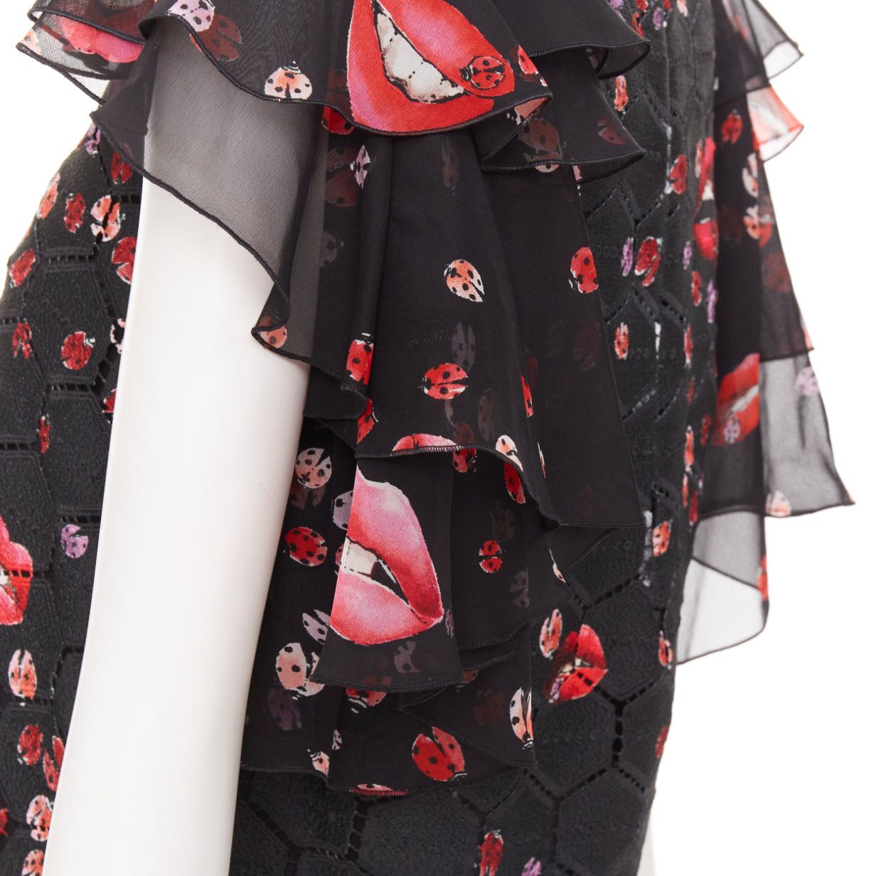 Giambattista Valli GIAMBA GIAMBATTISTA VALLI black red lady bugs lip embroidered scalloped flutter sleeve top IT40 XS Size S / US 4 / IT 40 - 2 Thumbnail