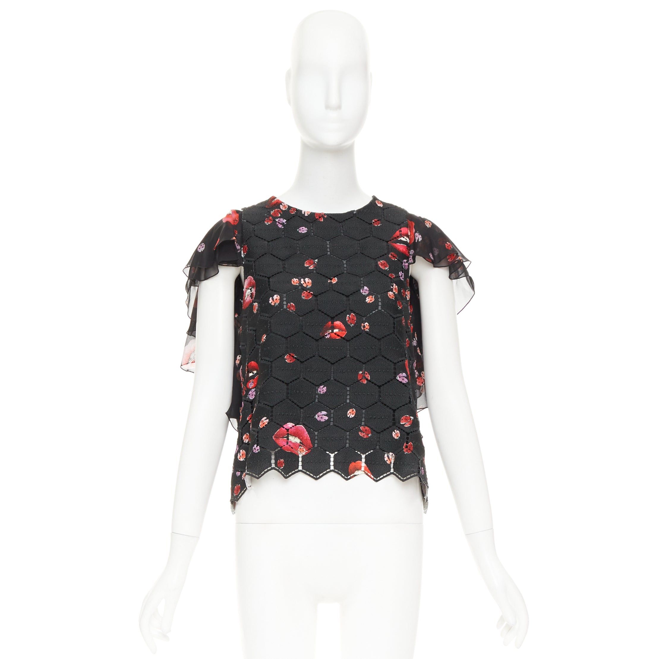 Giambattista Valli GIAMBA GIAMBATTISTA VALLI black red lady bugs lip embroidered scalloped flutter sleeve top IT40 XS Size S / US 4 / IT 40 - 9 Thumbnail