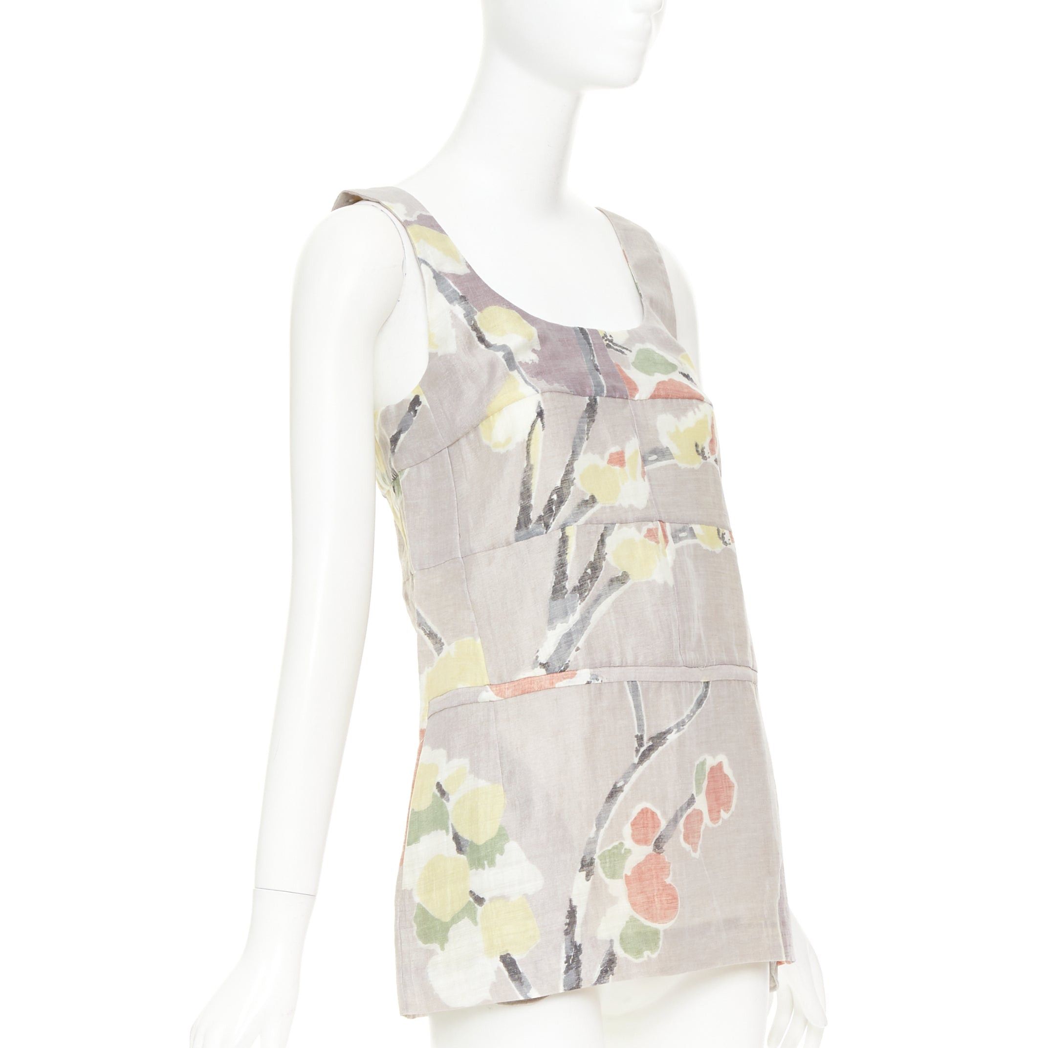 Marni MARNI light grey ramie blend muted floral print panelled scoop neck top IT38 XS Size XS / US 0-2 / IT 36-38 - 3 Thumbnail