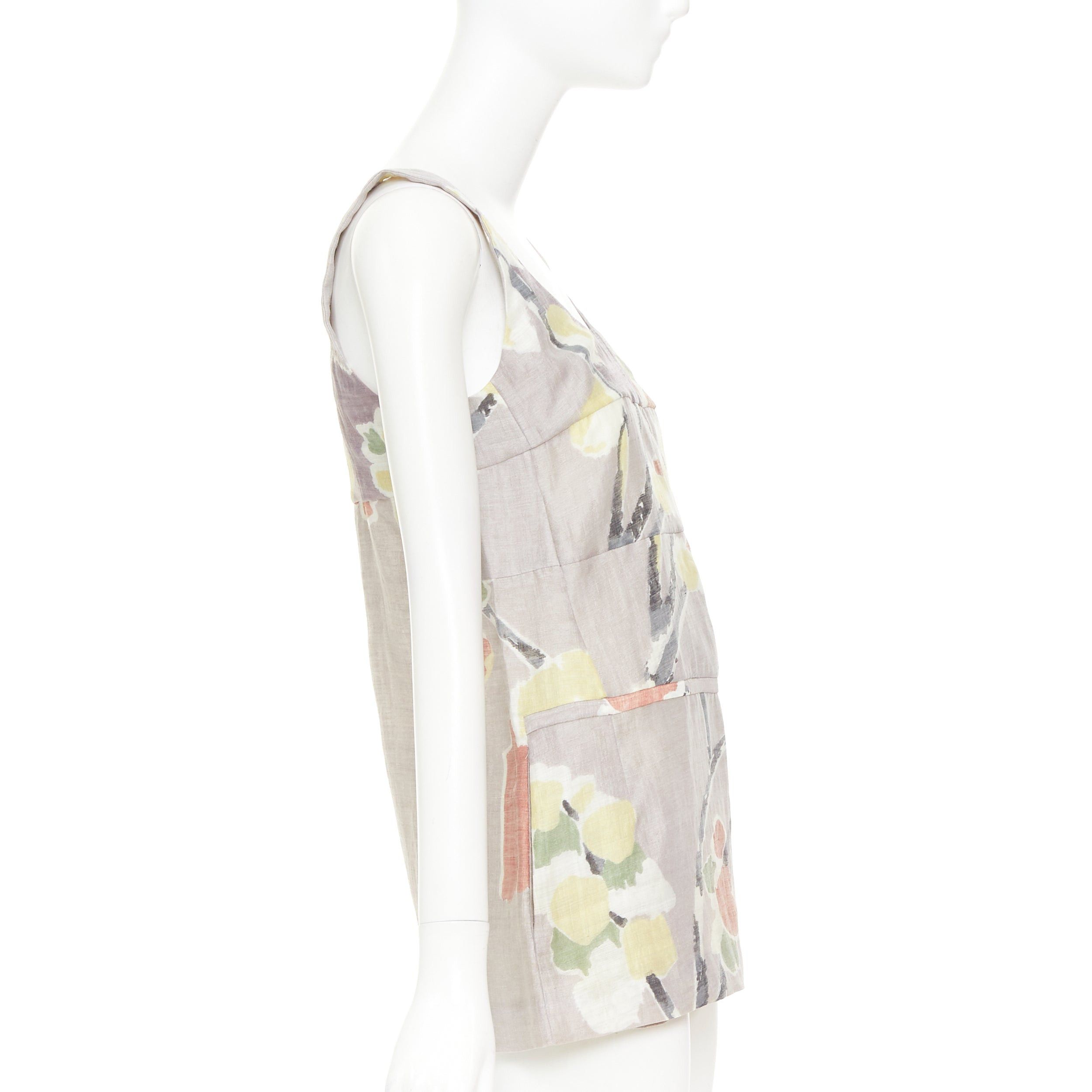 Marni MARNI light grey ramie blend muted floral print panelled scoop neck top IT38 XS Size XS / US 0-2 / IT 36-38 - 4 Thumbnail