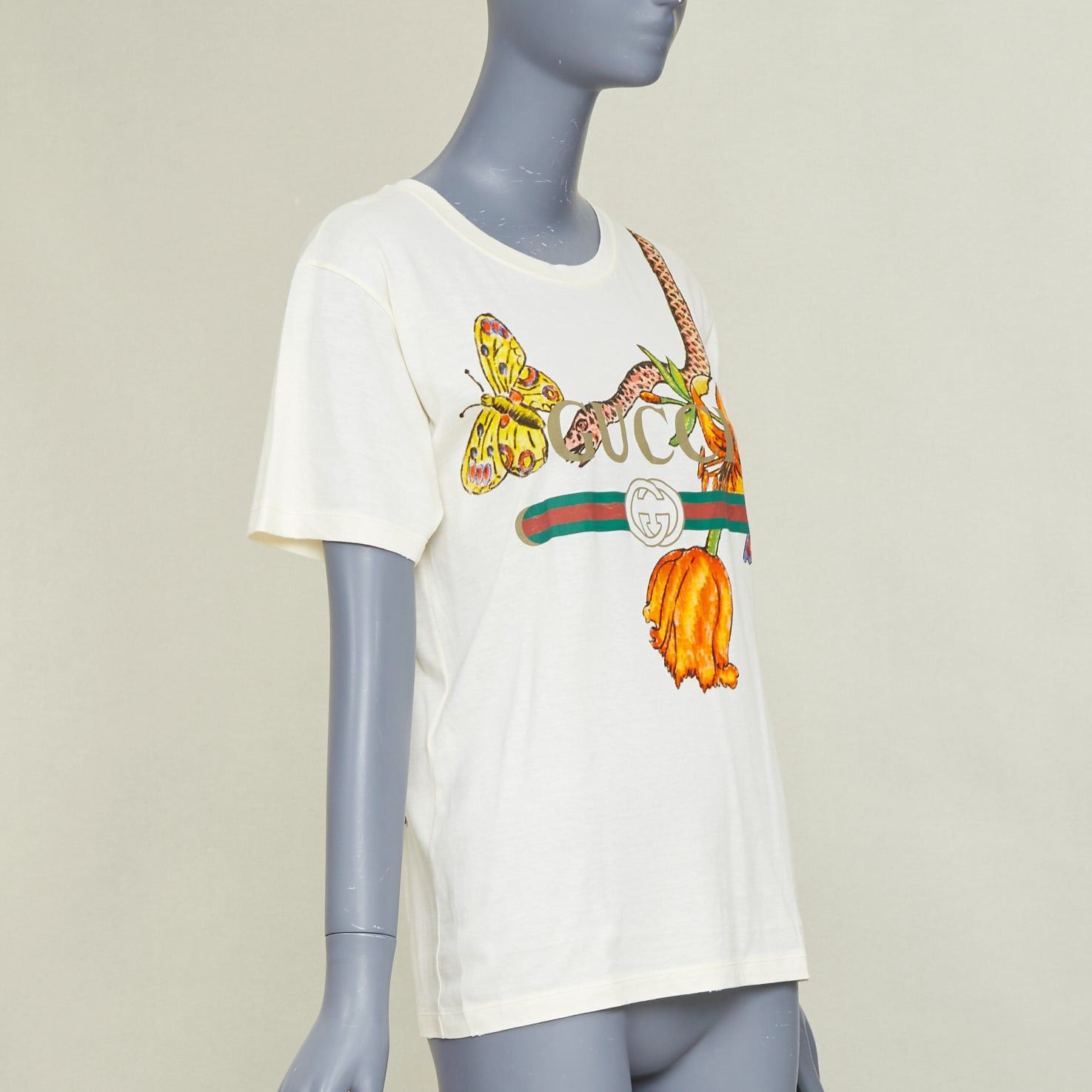 Gucci GUCCI Floral Snake Vintage Logo print off-white distressed crew neck tshirt XXS Size XS / US 0-2 / IT 36-38 - 3 Thumbnail