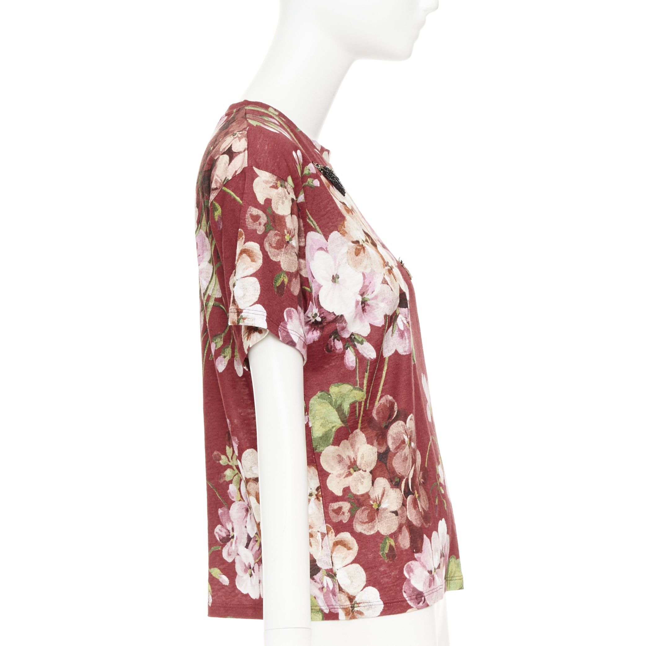 Gucci GUCCi Blooms burgundy pink floral print cotton Embellished insect t-shirt M Size M / US 6-8 / IT 42-44 - 4 Thumbnail