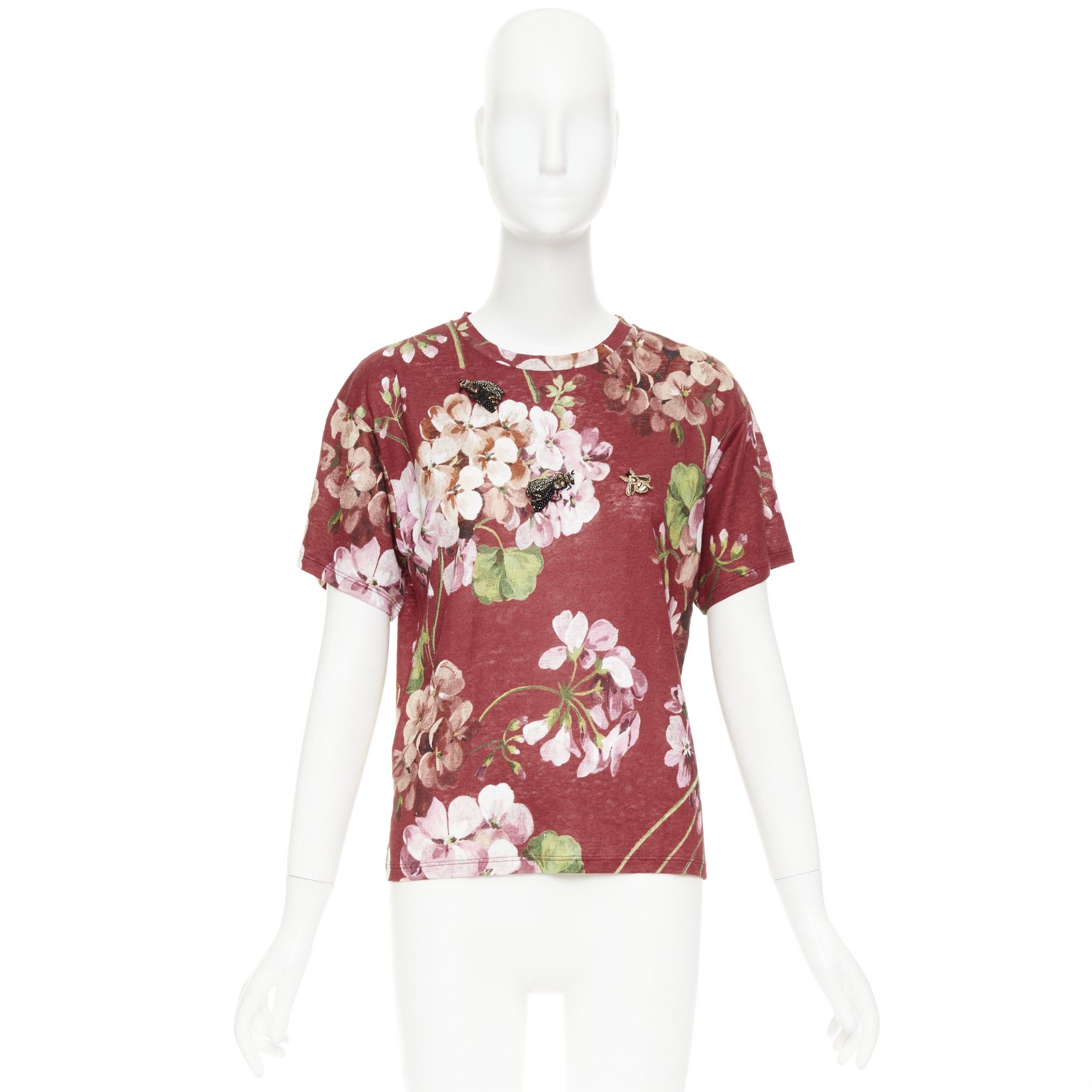 Gucci GUCCi Blooms burgundy pink floral print cotton Embellished insect t-shirt M Size M / US 6-8 / IT 42-44 - 9 Thumbnail