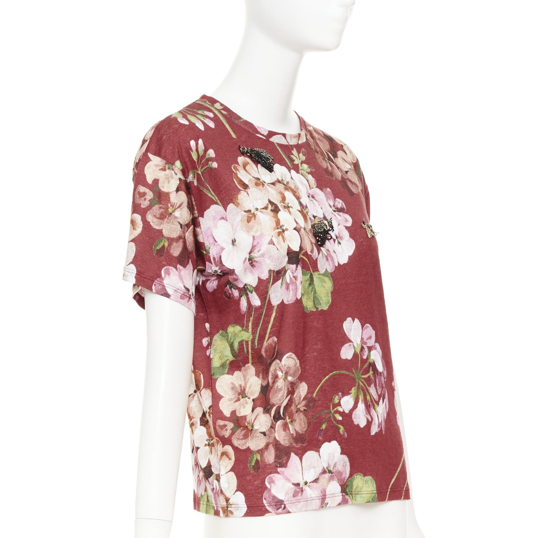 Gucci GUCCi Blooms burgundy pink floral print cotton Embellished insect t-shirt M Size M / US 6-8 / IT 42-44 - 3 Thumbnail