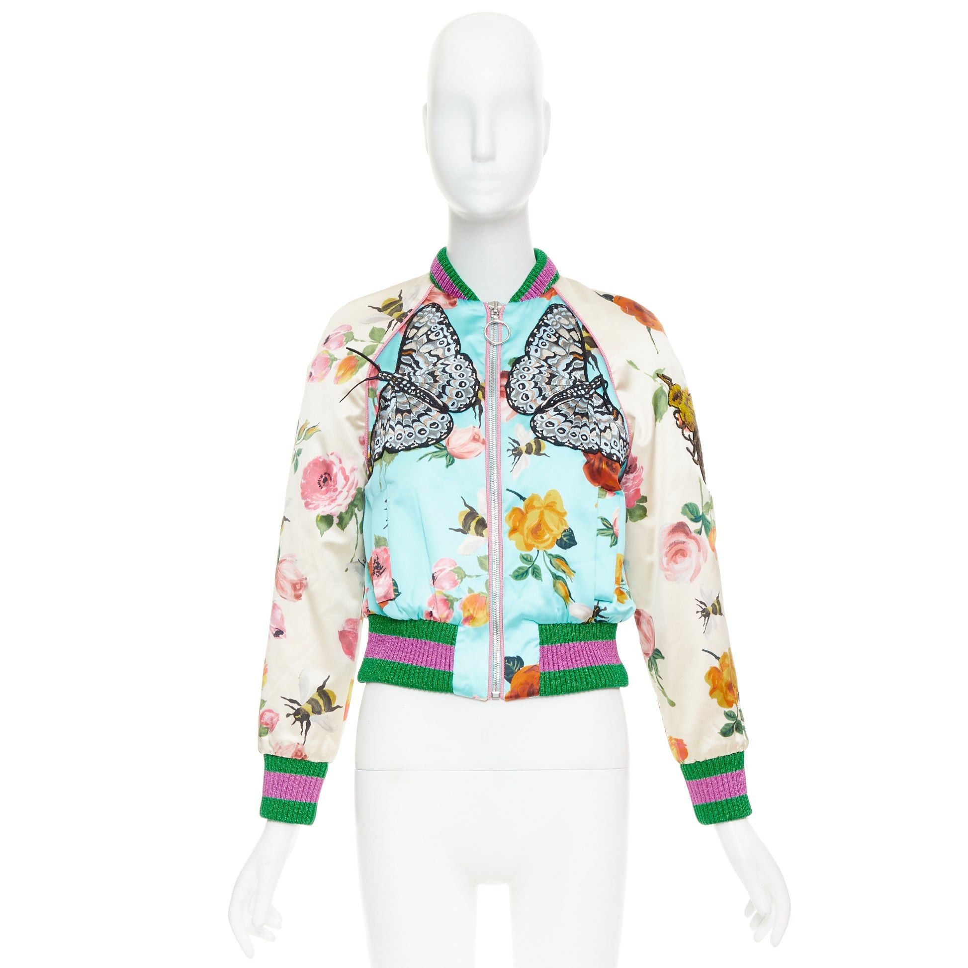 Gucci GUCCI 2016 Michele Runway blue silk butterfly bee embroidery bomber kacket IT40 S Size S / US 4 / IT 40 - 10 Thumbnail