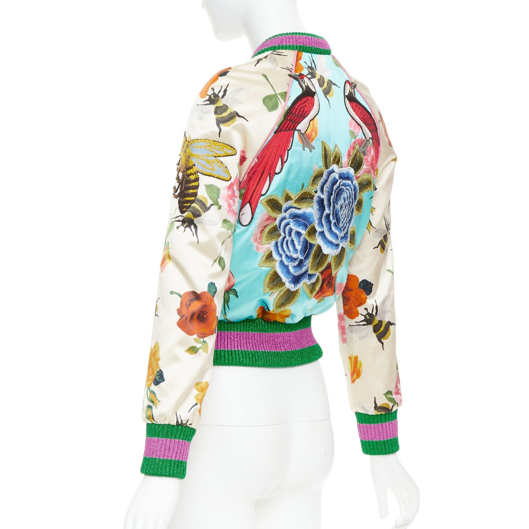 Gucci GUCCI 2016 Michele Runway blue silk butterfly bee embroidery bomber kacket IT40 S Size S / US 4 / IT 40 - 6 Thumbnail