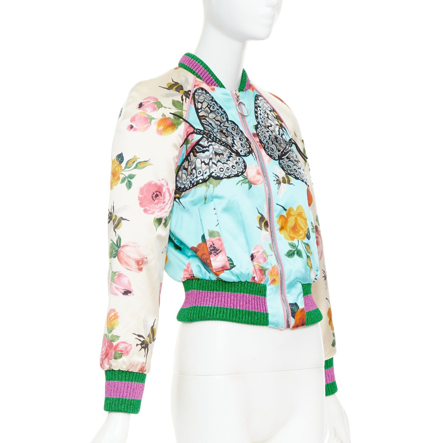 Gucci GUCCI 2016 Michele Runway blue silk butterfly bee embroidery bomber kacket IT40 S Size S / US 4 / IT 40 - 4 Thumbnail