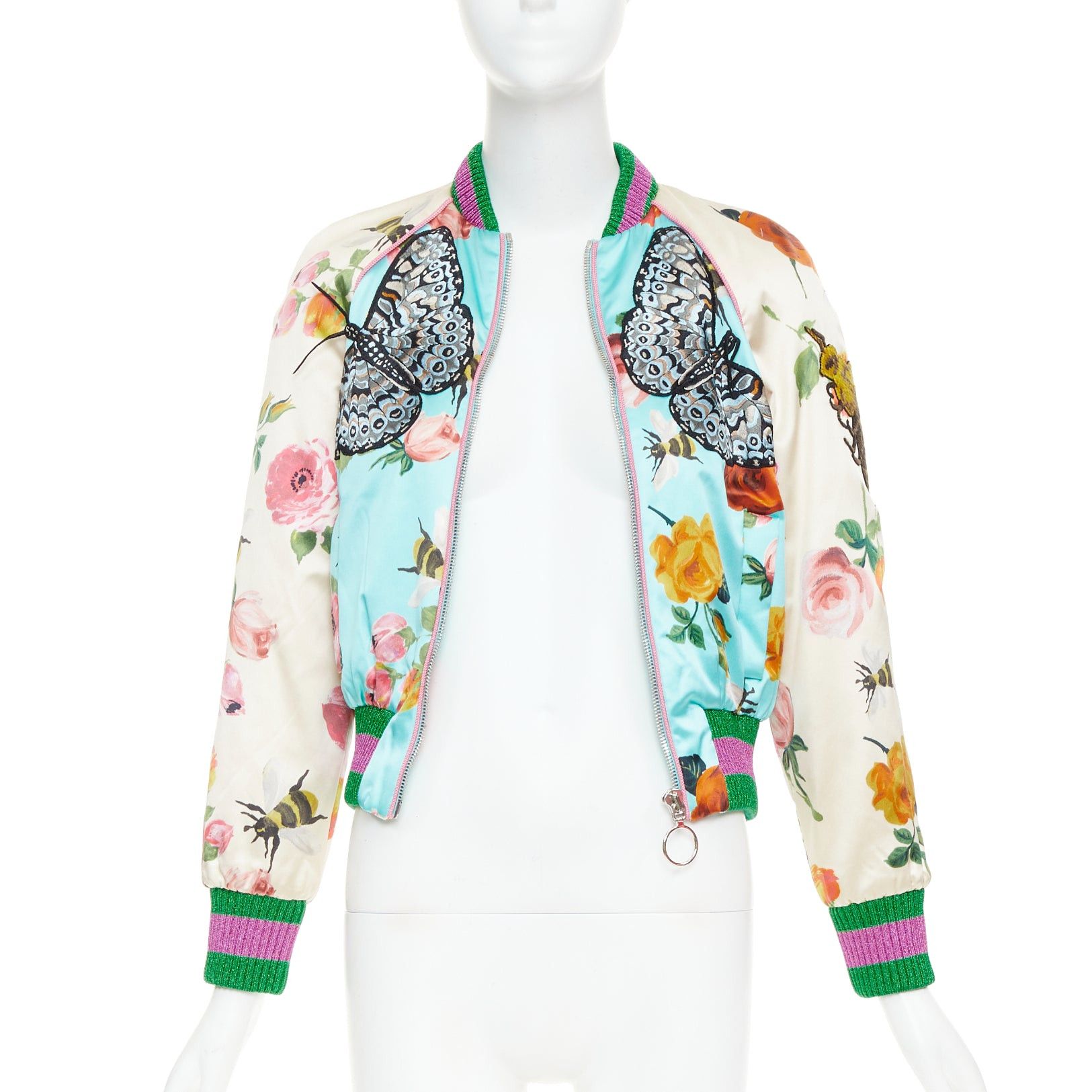 Gucci GUCCI 2016 Michele Runway blue silk butterfly bee embroidery bomber kacket IT40 S Size S / US 4 / IT 40 - 3 Thumbnail