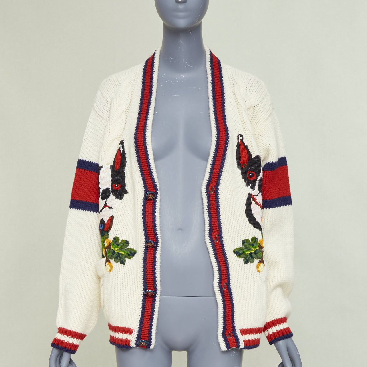 Gucci GUCCI 2018 Bosco Orso Year of Dog red cream wool needlepoint knit cardigan XXS Size XS / US 0-2 / IT 36-38 - 3 Thumbnail