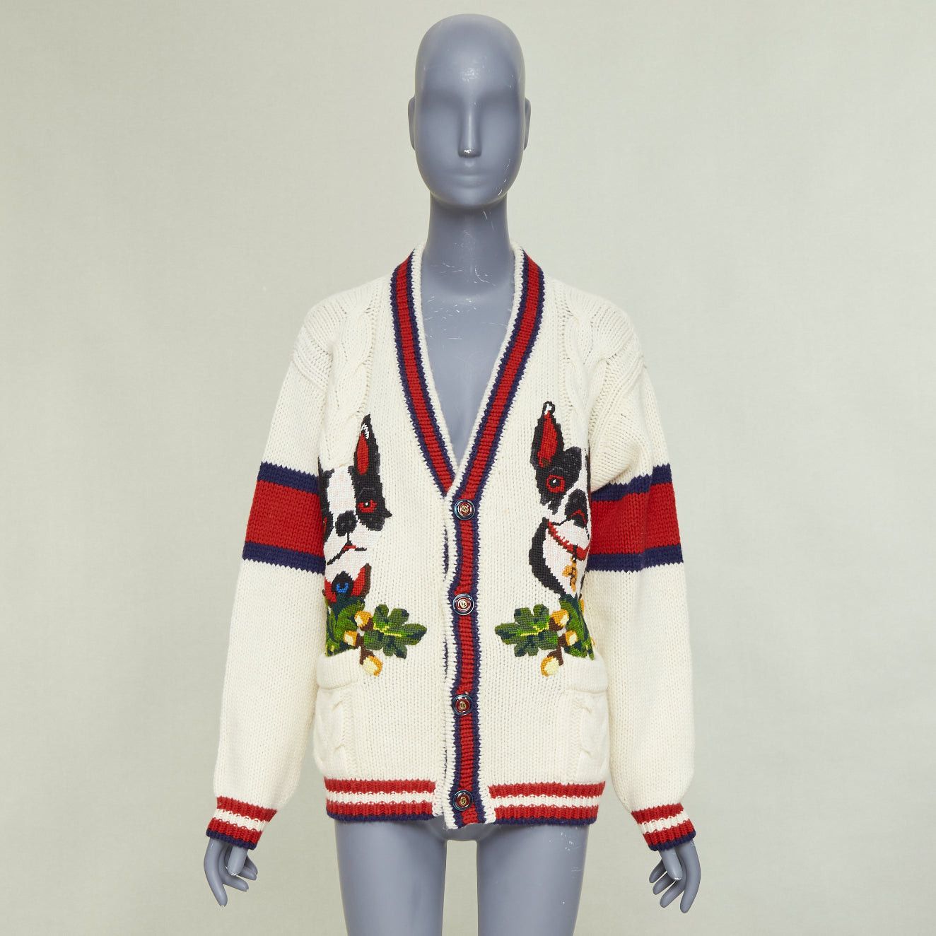 Gucci GUCCI 2018 Bosco Orso Year of Dog red cream wool needlepoint knit cardigan XXS Size XS / US 0-2 / IT 36-38 - 10 Thumbnail