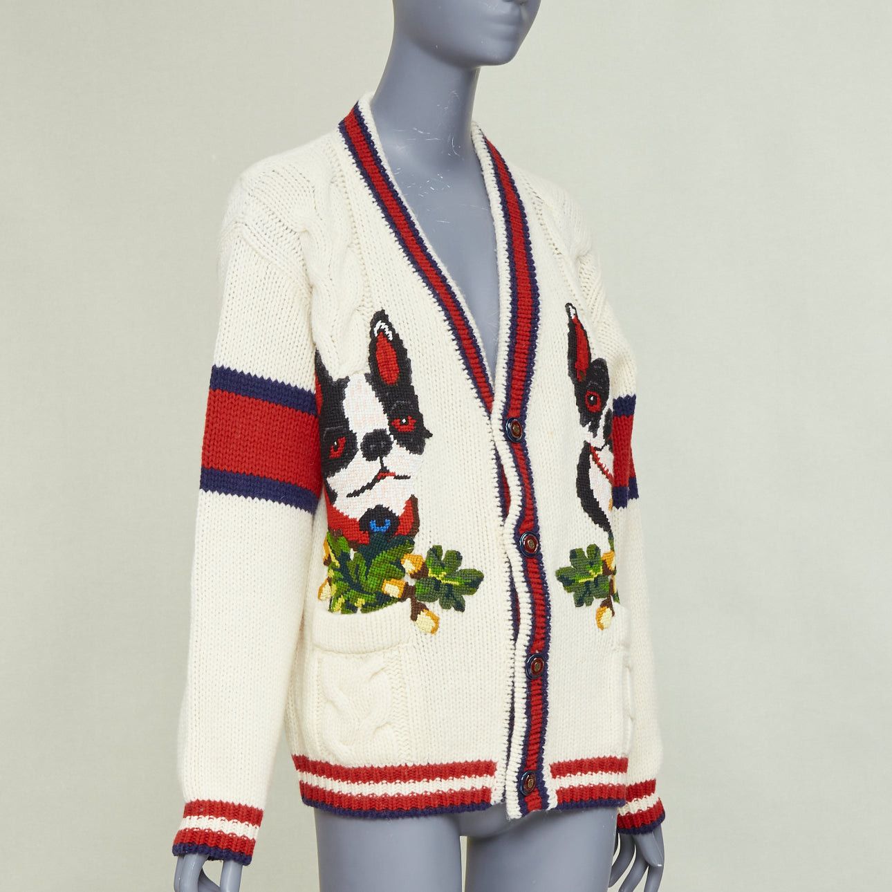 Gucci GUCCI 2018 Bosco Orso Year of Dog red cream wool needlepoint knit cardigan XXS Size XS / US 0-2 / IT 36-38 - 4 Thumbnail