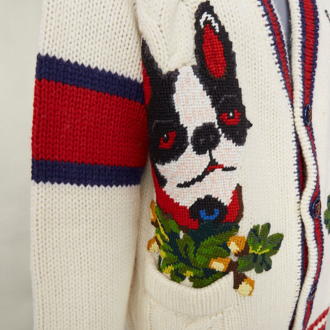 Gucci GUCCI 2018 Bosco Orso Year of Dog red cream wool needlepoint knit cardigan XXS Size XS / US 0-2 / IT 36-38 - 2 Thumbnail