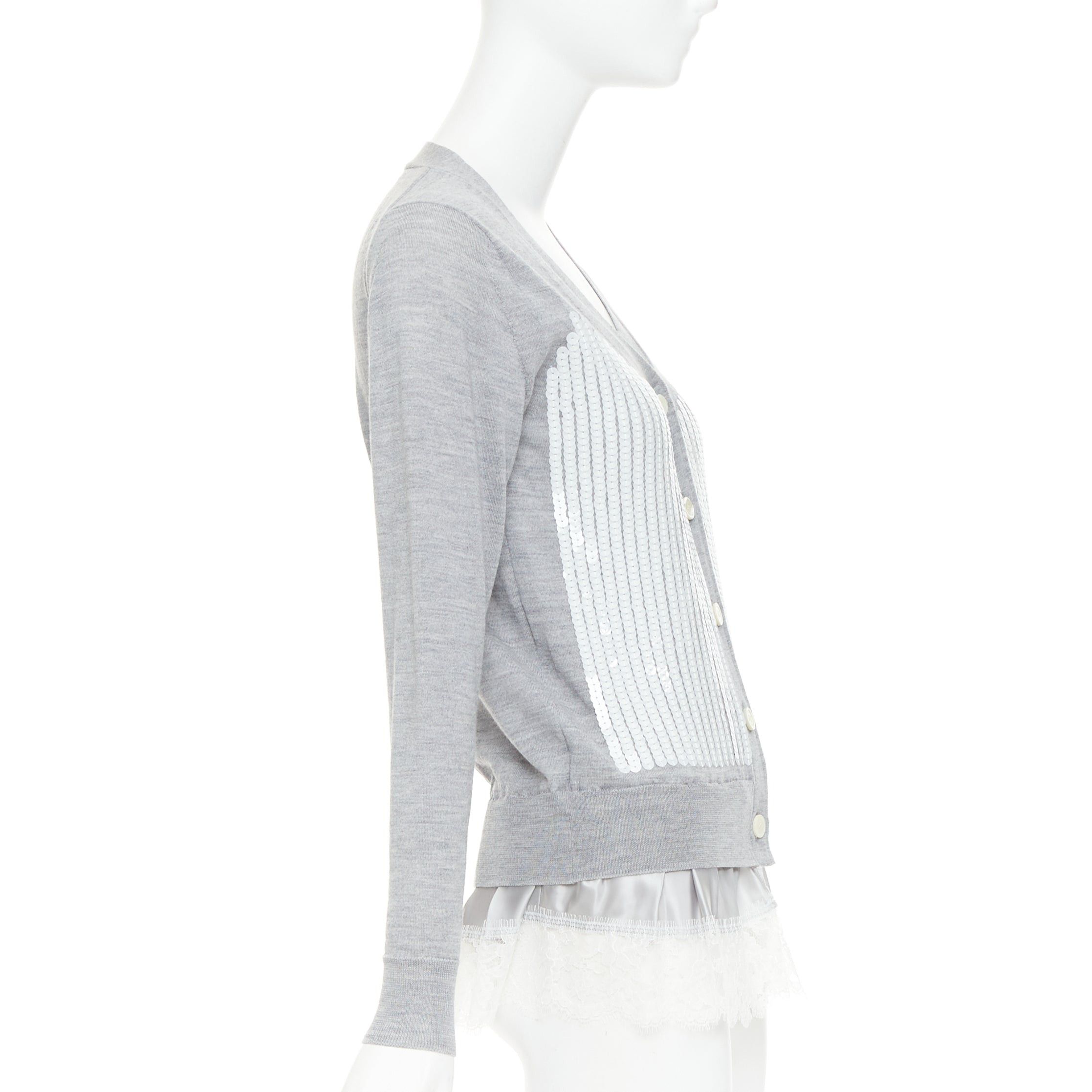 Sacai SACAI 2012 grey wool white sequin lace ruffle scallop hem cardigan JP1 S Size S / US 4 / IT 40 - 5 Thumbnail