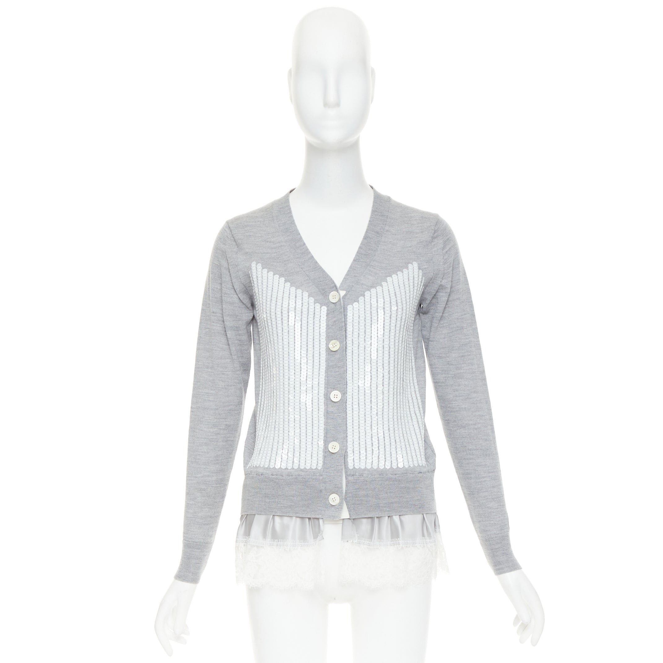 Sacai SACAI 2012 grey wool white sequin lace ruffle scallop hem cardigan JP1 S Size S / US 4 / IT 40 - 10 Thumbnail