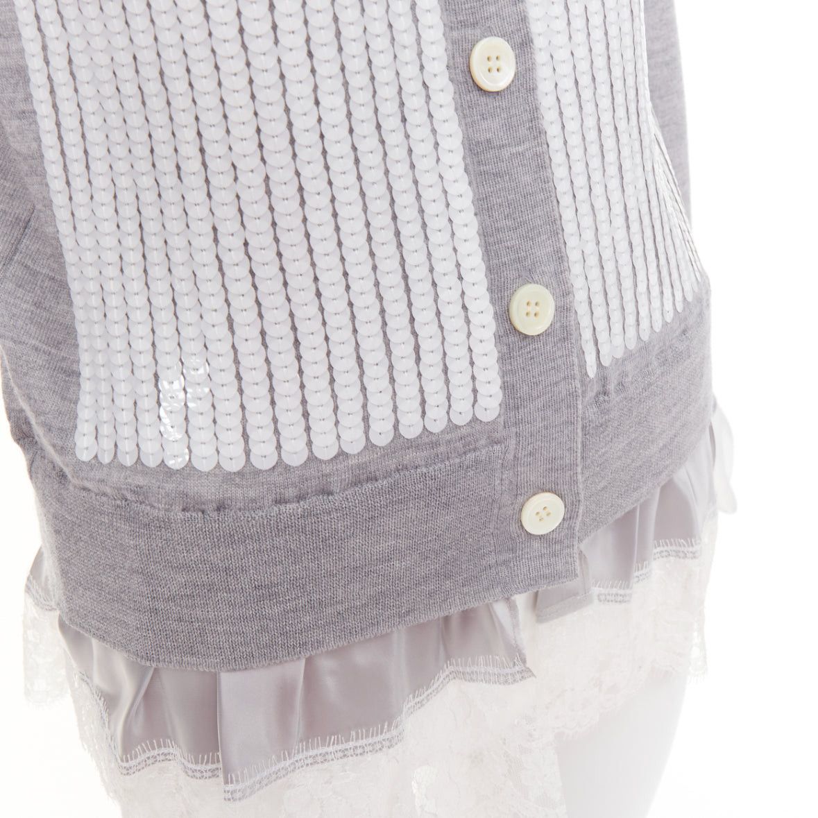 Sacai SACAI 2012 grey wool white sequin lace ruffle scallop hem cardigan JP1 S Size S / US 4 / IT 40 - 2 Thumbnail