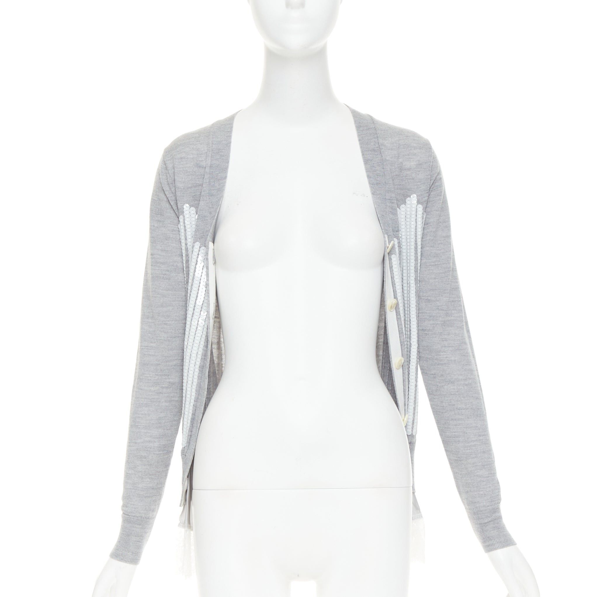 Sacai SACAI 2012 grey wool white sequin lace ruffle scallop hem cardigan JP1 S Size S / US 4 / IT 40 - 3 Thumbnail