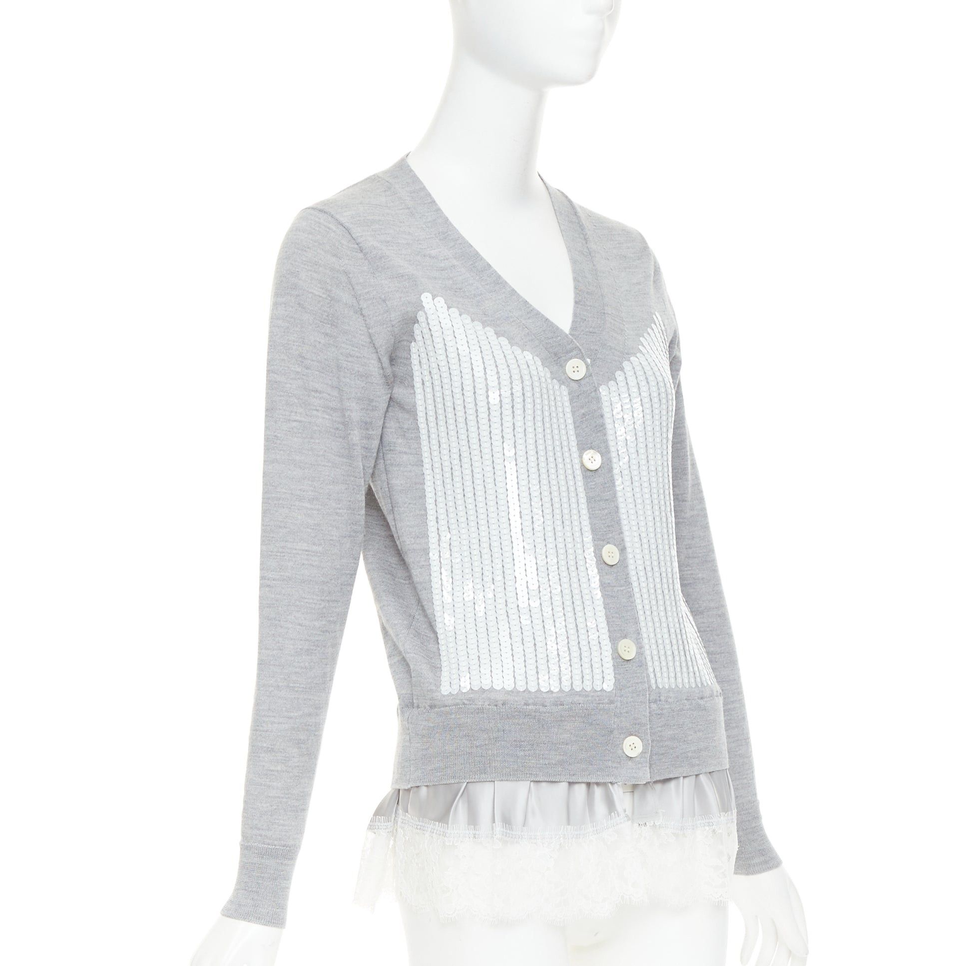 Sacai SACAI 2012 grey wool white sequin lace ruffle scallop hem cardigan JP1 S Size S / US 4 / IT 40 - 4 Thumbnail