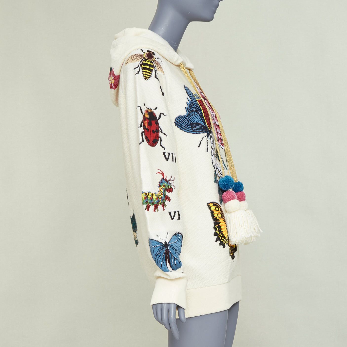 Gucci GUCCI 2017 Runway ivory wool cotton pom pom embroidered insect floral hoodie XXS Size XS / US 0-2 / IT 36-38 - 4 Thumbnail