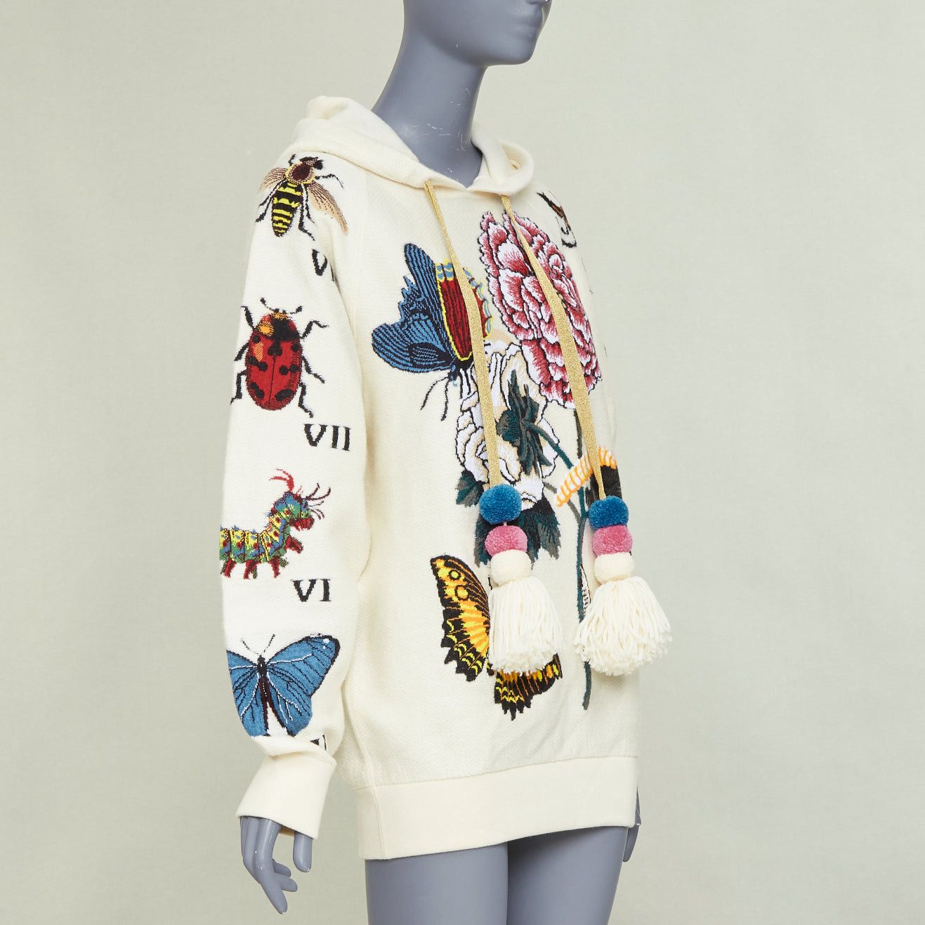 Gucci GUCCI 2017 Runway ivory wool cotton pom pom embroidered insect floral hoodie XXS Size XS / US 0-2 / IT 36-38 - 3 Thumbnail