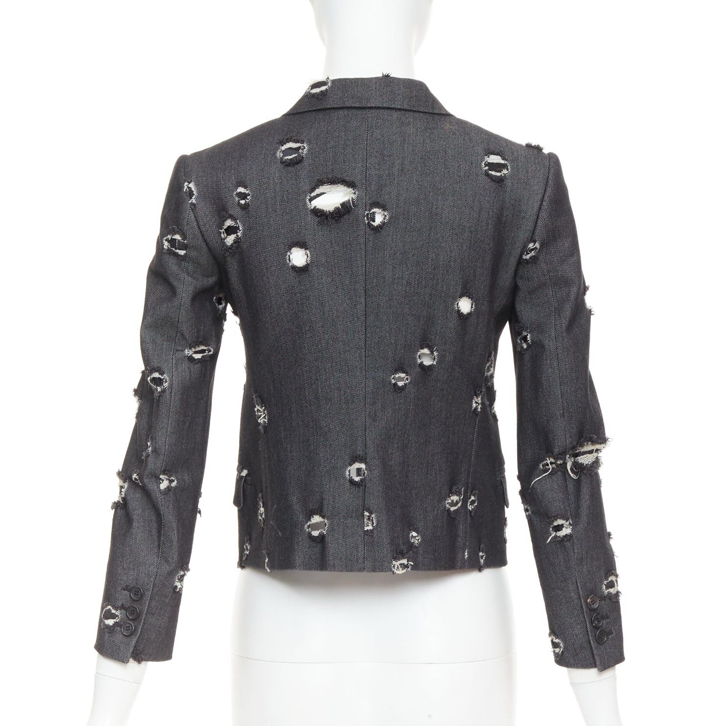 Miu Miu MIU MIU 2009 grey distressed holey cotton cropped blazer schoolboy jacket IT38 XS Size XS / US 0-2 / IT 36-38 - 6 Thumbnail