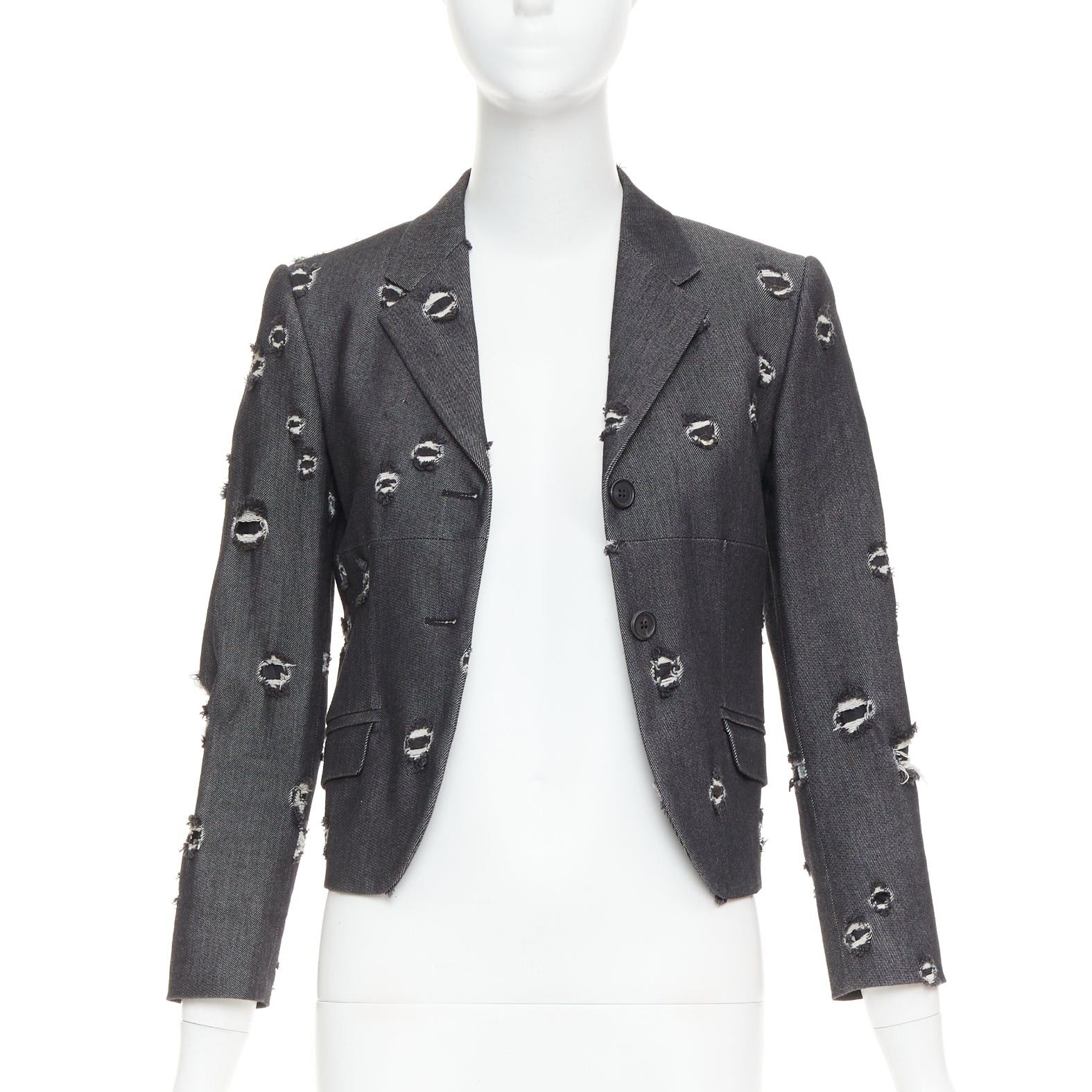 Miu Miu MIU MIU 2009 grey distressed holey cotton cropped blazer schoolboy jacket IT38 XS Size XS / US 0-2 / IT 36-38 - 3 Thumbnail