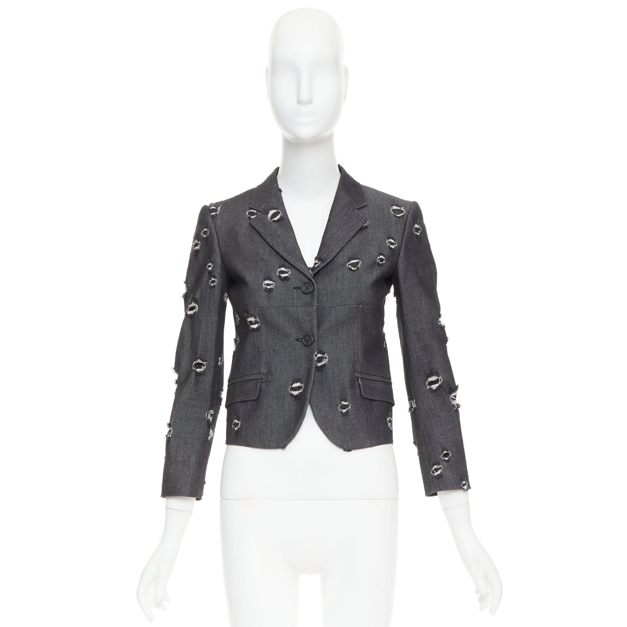 Miu Miu MIU MIU 2009 grey distressed holey cotton cropped blazer schoolboy jacket IT38 XS Size XS / US 0-2 / IT 36-38 - 10 Thumbnail