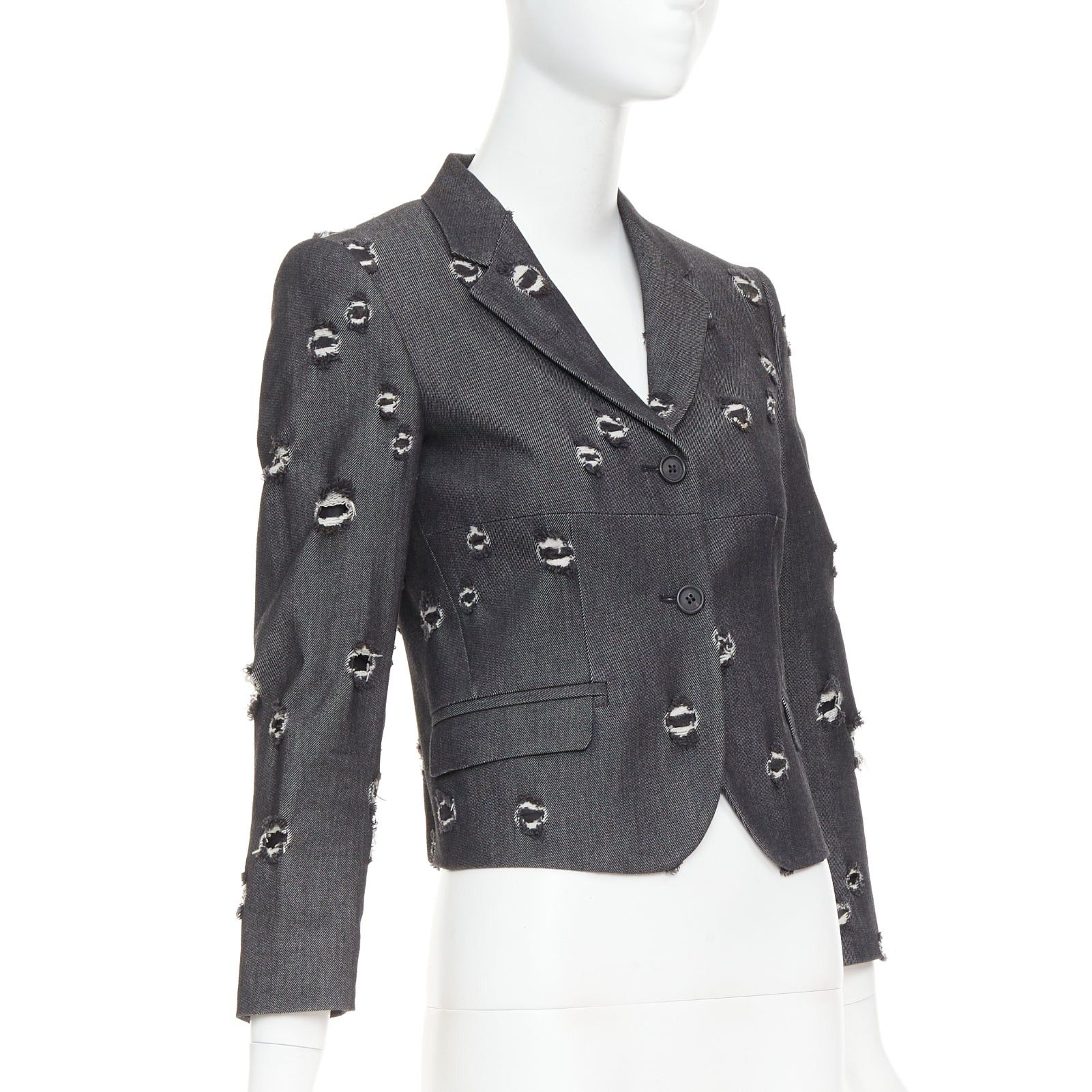 Miu Miu MIU MIU 2009 grey distressed holey cotton cropped blazer schoolboy jacket IT38 XS Size XS / US 0-2 / IT 36-38 - 4 Thumbnail
