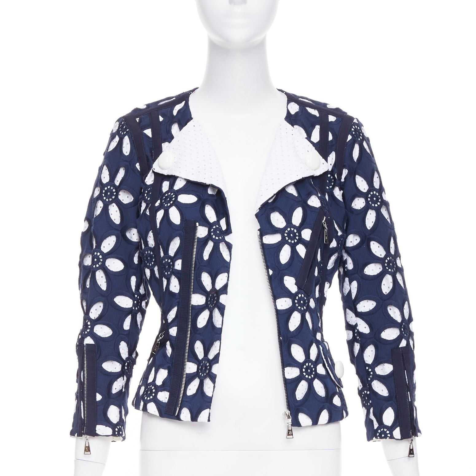 Louis Vuitton LOUIS VUITTON 2012 Runway navy white floral embroidery anglais biker jacket FR38 M Size M / US 6-8 / IT 42-44 - 3 Thumbnail