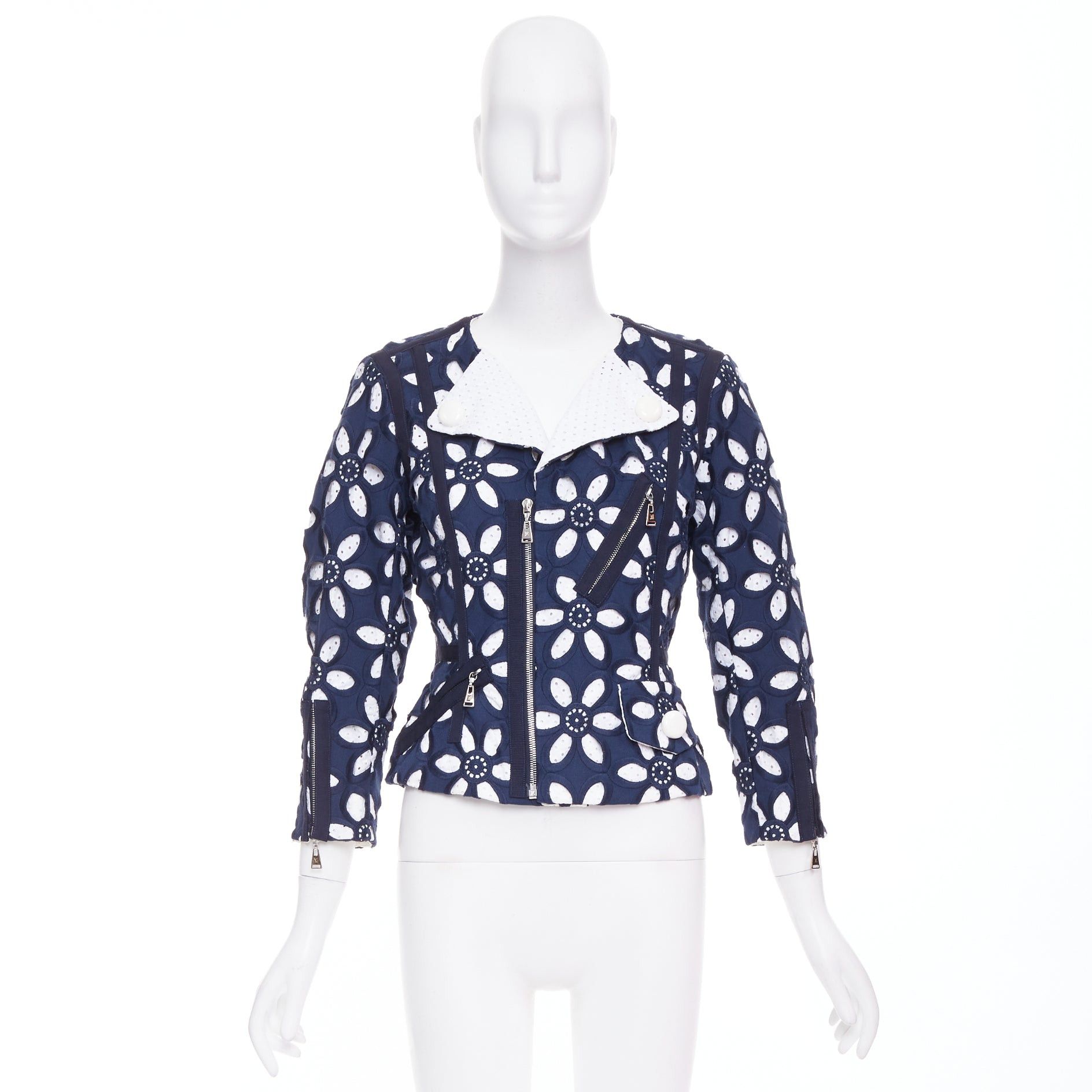 Louis Vuitton LOUIS VUITTON 2012 Runway navy white floral embroidery anglais biker jacket FR38 M Size M / US 6-8 / IT 42-44 - 10 Thumbnail