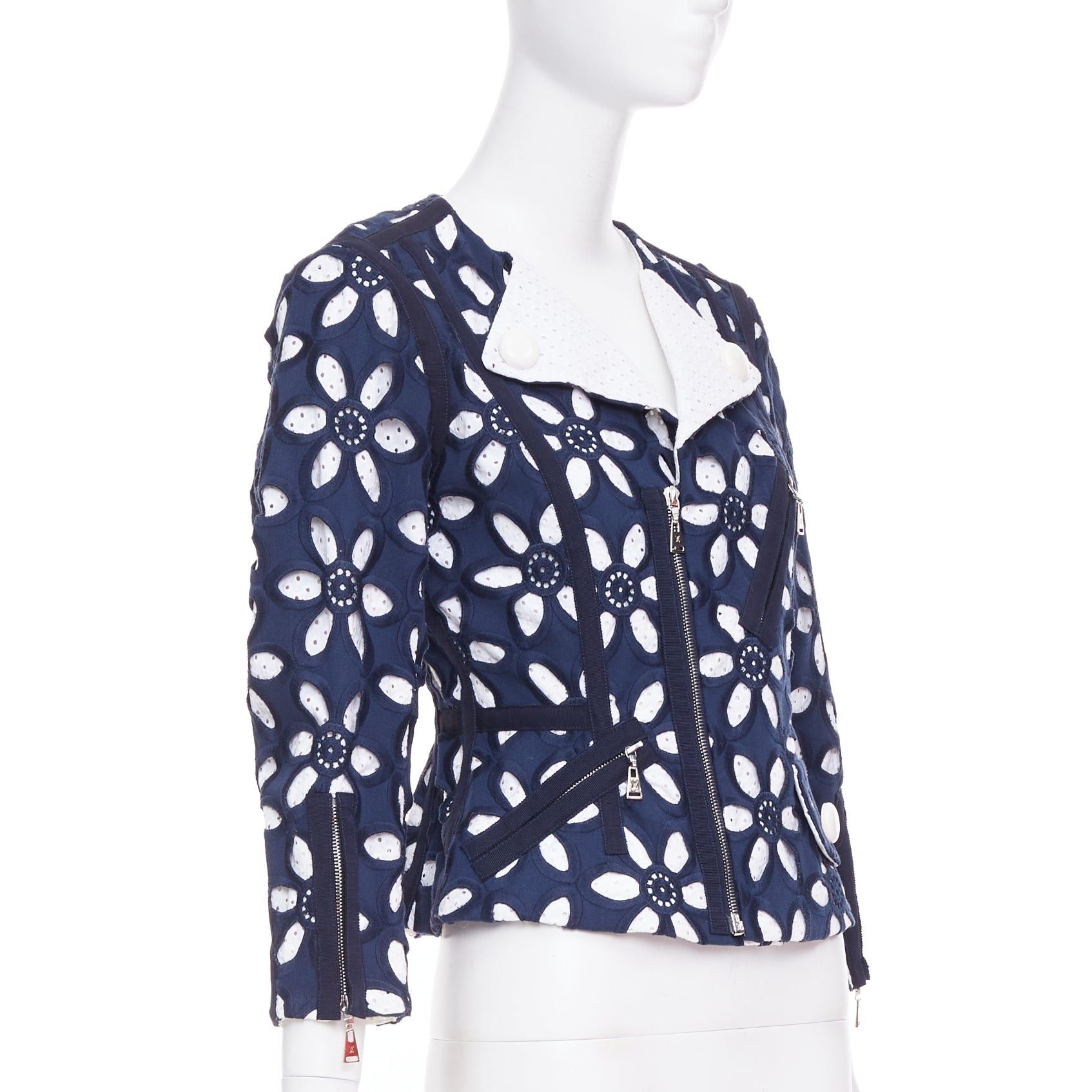 Louis Vuitton LOUIS VUITTON 2012 Runway navy white floral embroidery anglais biker jacket FR38 M Size M / US 6-8 / IT 42-44 - 4 Thumbnail