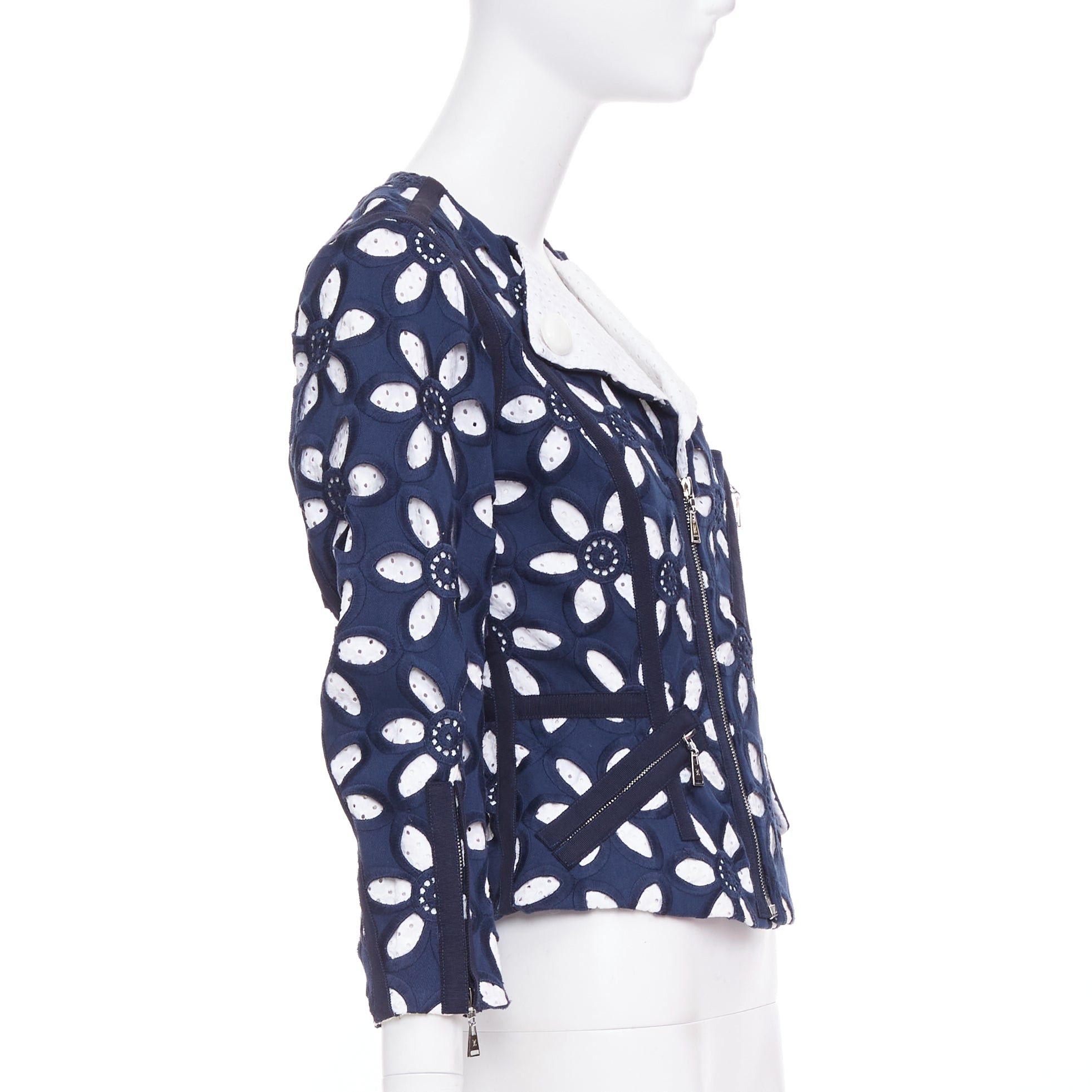 Louis Vuitton LOUIS VUITTON 2012 Runway navy white floral embroidery anglais biker jacket FR38 M Size M / US 6-8 / IT 42-44 - 5 Thumbnail