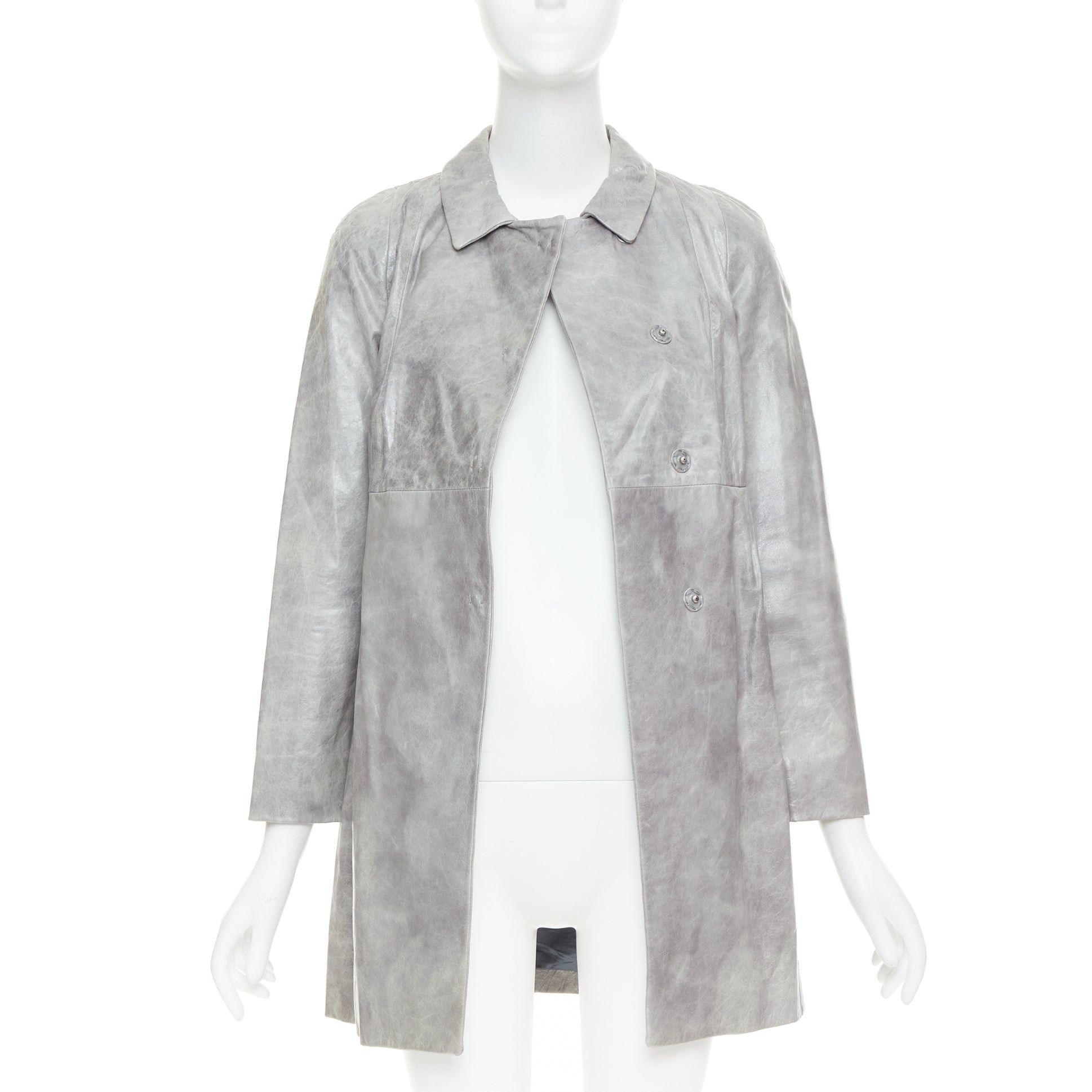 Miu Miu MIU MIU 2007 grey crackled lambskin leather A-line long coat IT38 XS Size XS / US 0-2 / IT 36-38 - 3 Thumbnail