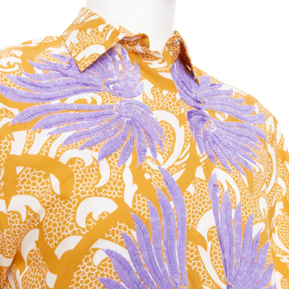 Dries Van Noten DRIES VAN NOTEN yellow cotton lilac sequin embroidered short sleeve bowling shirt S Size US S / EU 44-46 / 1 - 2 Thumbnail