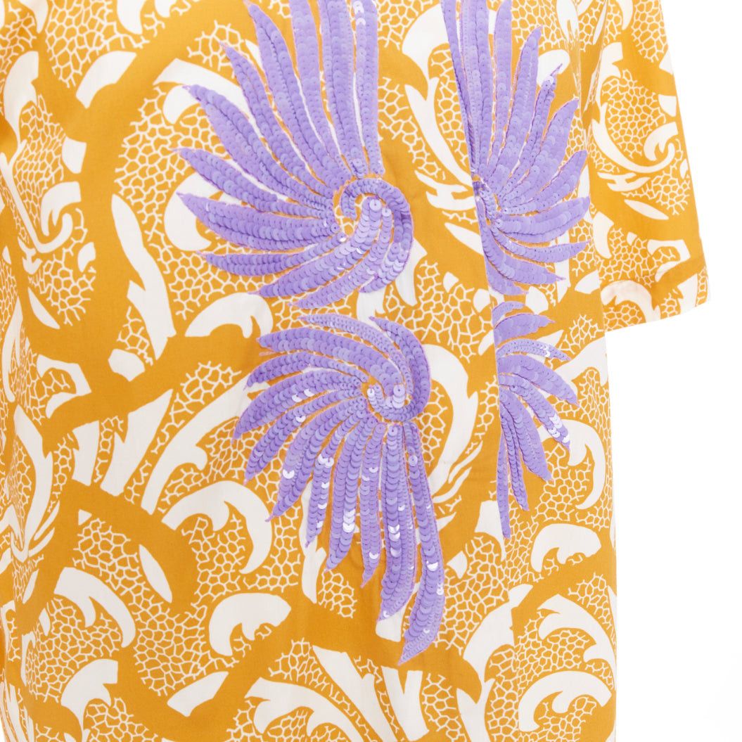 Dries Van Noten DRIES VAN NOTEN yellow cotton lilac sequin embroidered short sleeve bowling shirt S Size US S / EU 44-46 / 1 - 7 Thumbnail