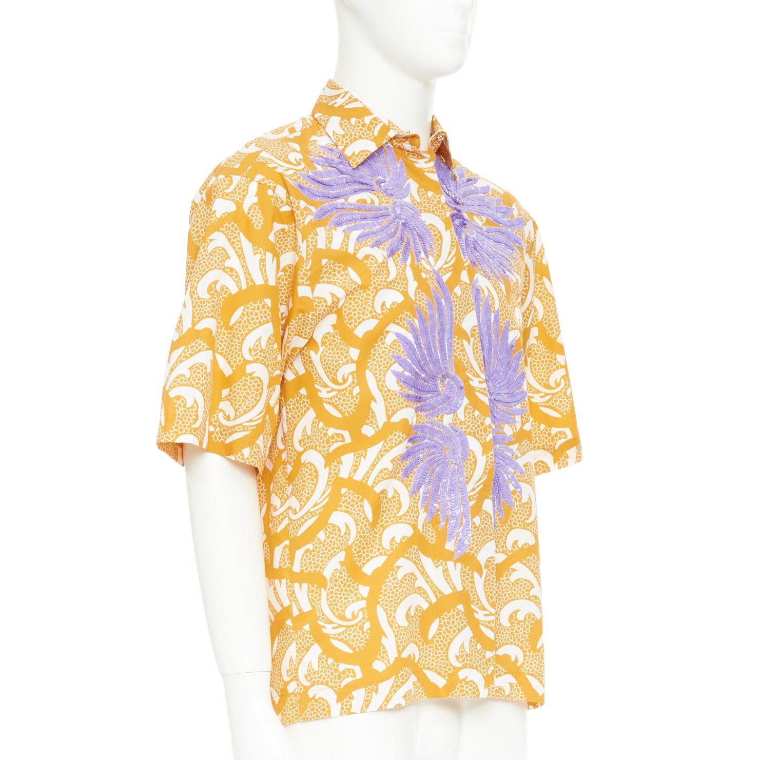 Dries Van Noten DRIES VAN NOTEN yellow cotton lilac sequin embroidered short sleeve bowling shirt S Size US S / EU 44-46 / 1 - 3 Thumbnail