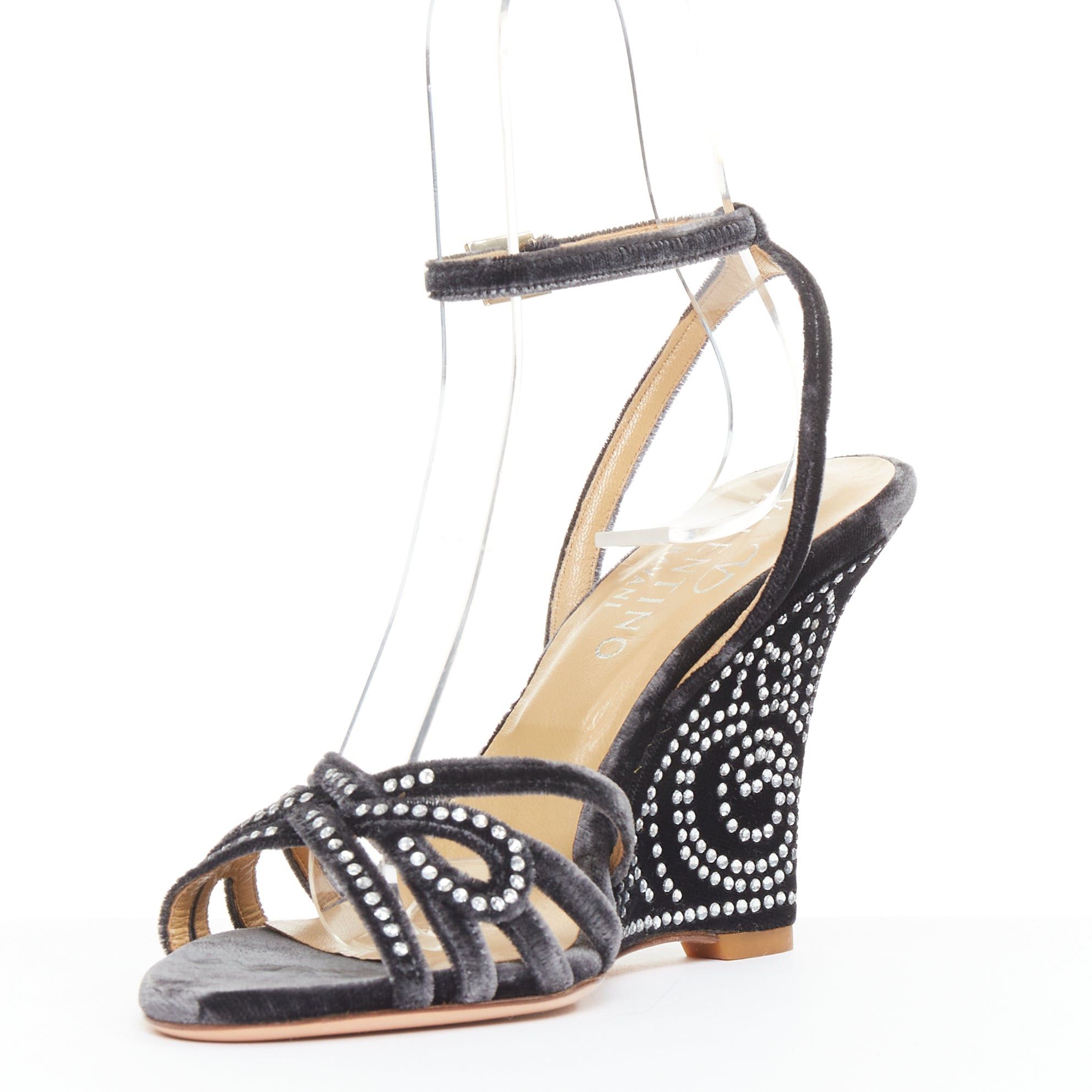 Valentino VALENTINO GARAVANI Vintage dark grey crushed velvet crystal wedge sandals EU36 Size US 6 / IT 36 - 4 Thumbnail