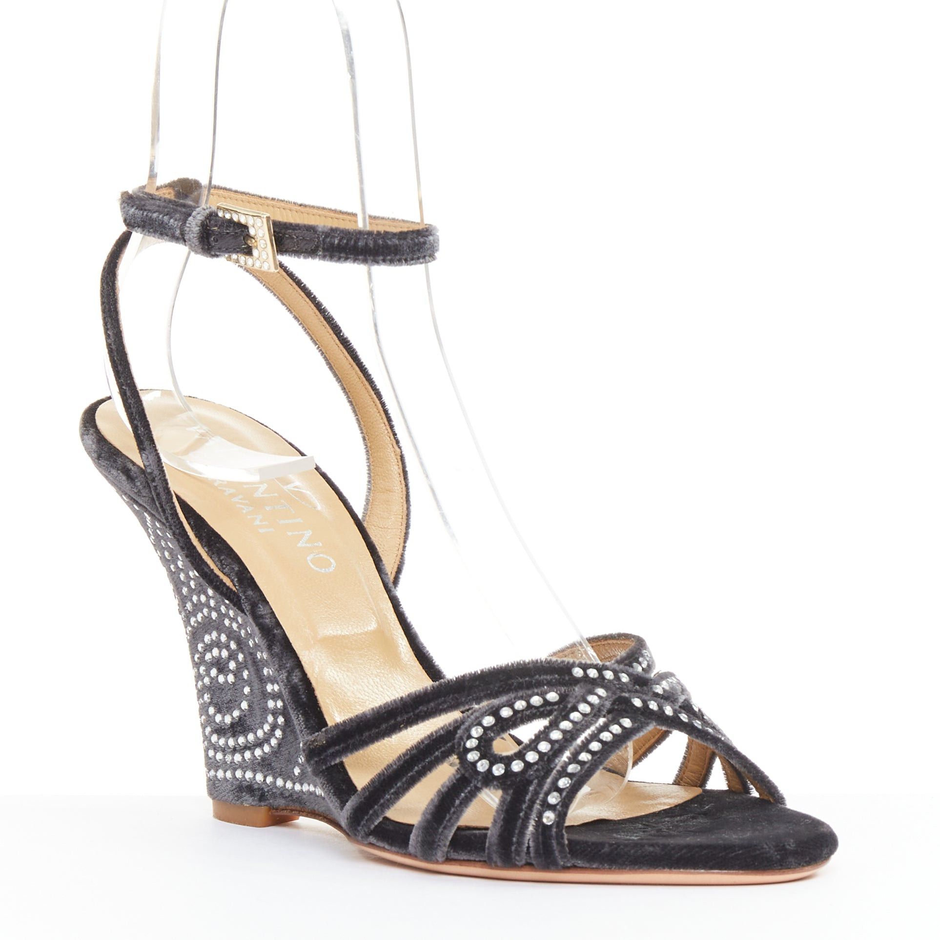 Valentino VALENTINO GARAVANI Vintage dark grey crushed velvet crystal wedge sandals EU36 Size US 6 / IT 36 - 2 Thumbnail