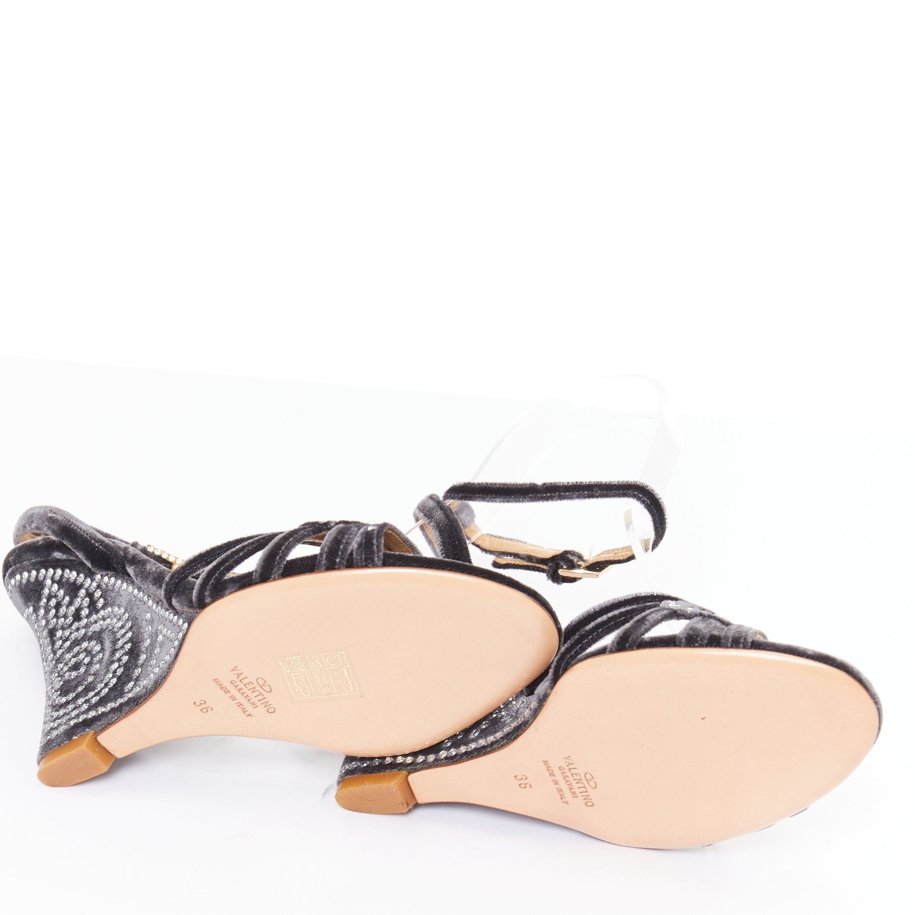Valentino VALENTINO GARAVANI Vintage dark grey crushed velvet crystal wedge sandals EU36 Size US 6 / IT 36 - 11 Thumbnail