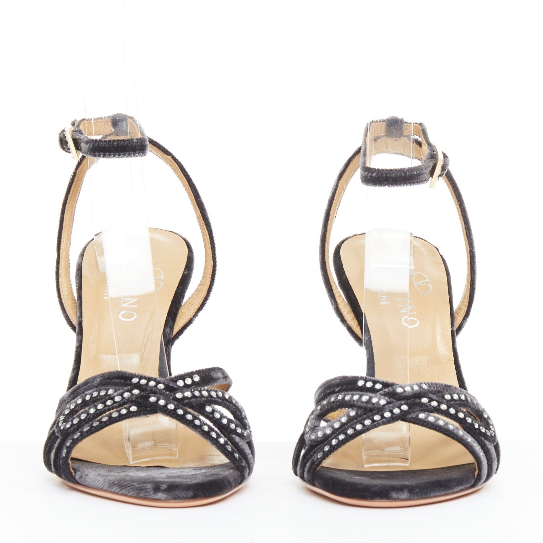 Valentino VALENTINO GARAVANI Vintage dark grey crushed velvet crystal wedge sandals EU36 Size US 6 / IT 36 - 3 Thumbnail