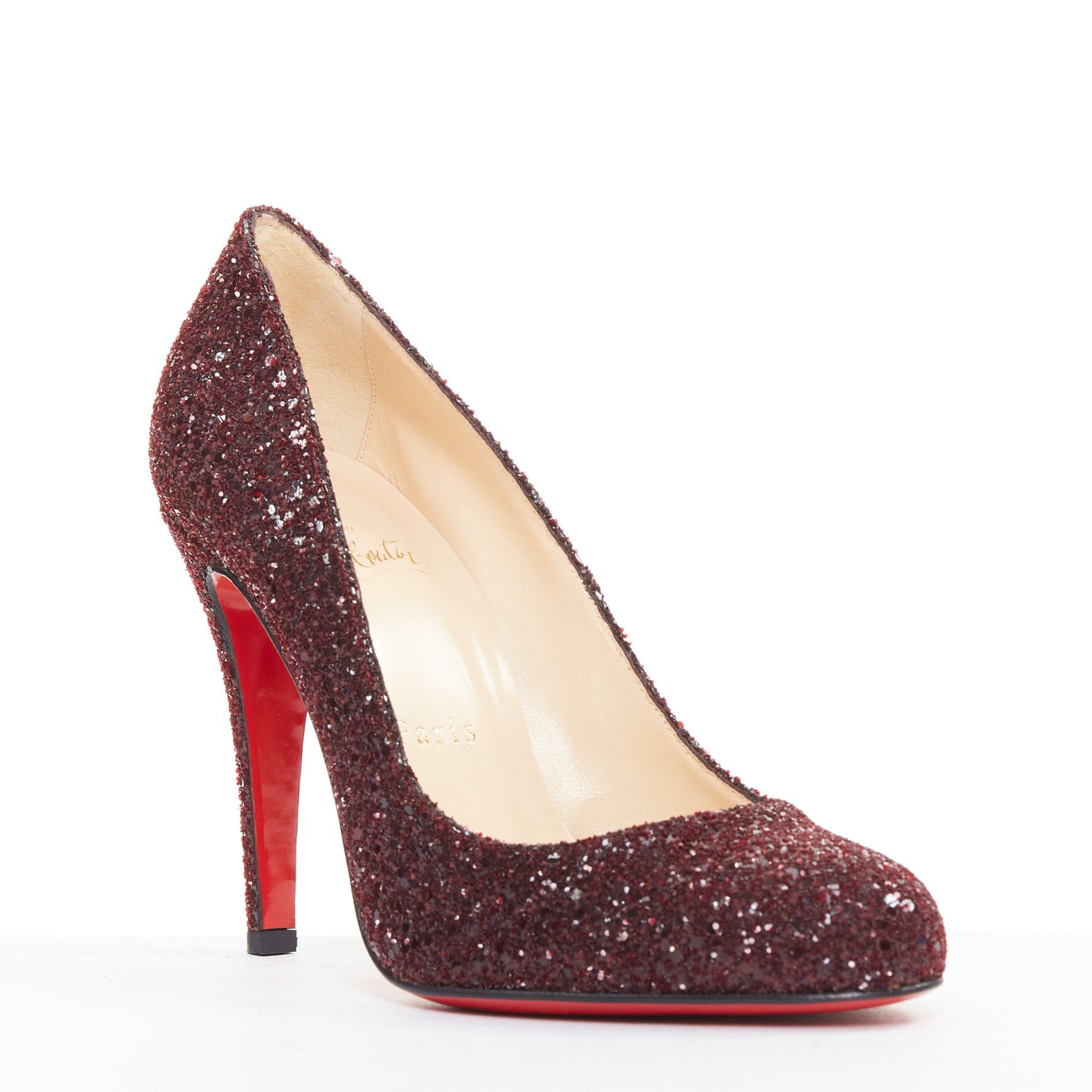 Christian Louboutin CHRISTIAN LOUBOUTIN Ron Ron 100 Glitter Oxblood red almond toe pump EU37.5 Size US 7.5 / IT 37.5 - 2 Thumbnail