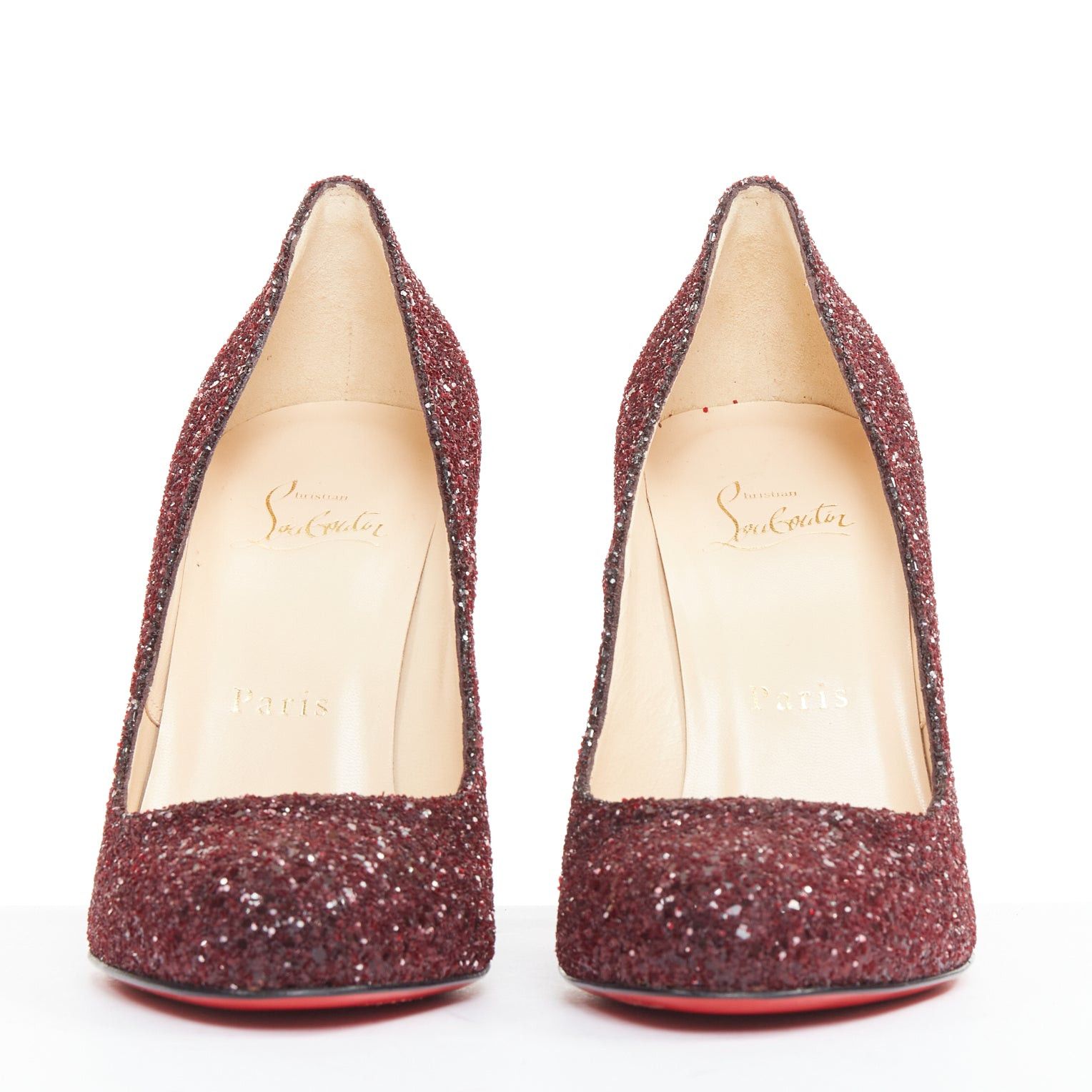 Christian Louboutin CHRISTIAN LOUBOUTIN Ron Ron 100 Glitter Oxblood red almond toe pump EU37.5 Size US 7.5 / IT 37.5 - 3 Thumbnail