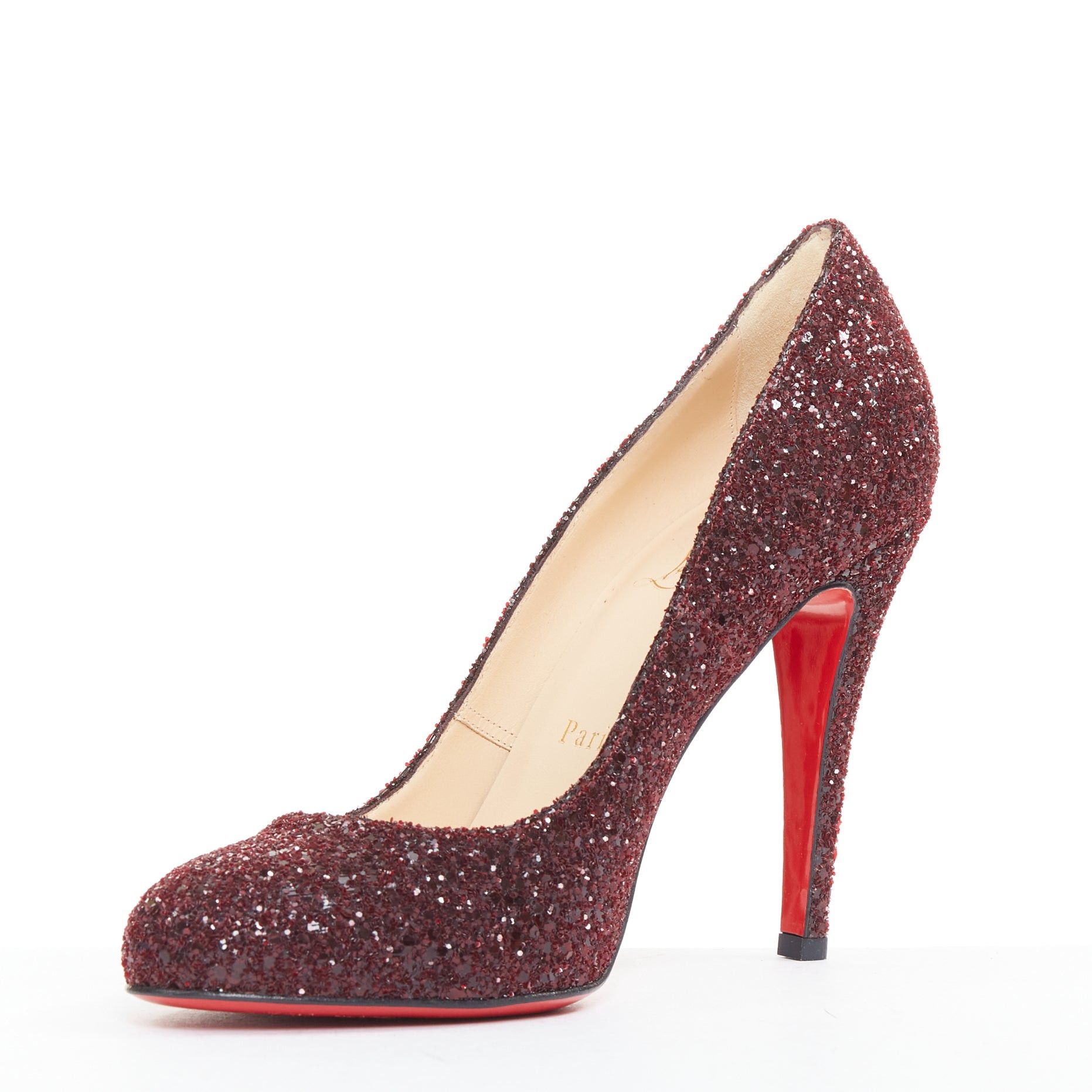 Christian Louboutin CHRISTIAN LOUBOUTIN Ron Ron 100 Glitter Oxblood red almond toe pump EU37.5 Size US 7.5 / IT 37.5 - 4 Thumbnail