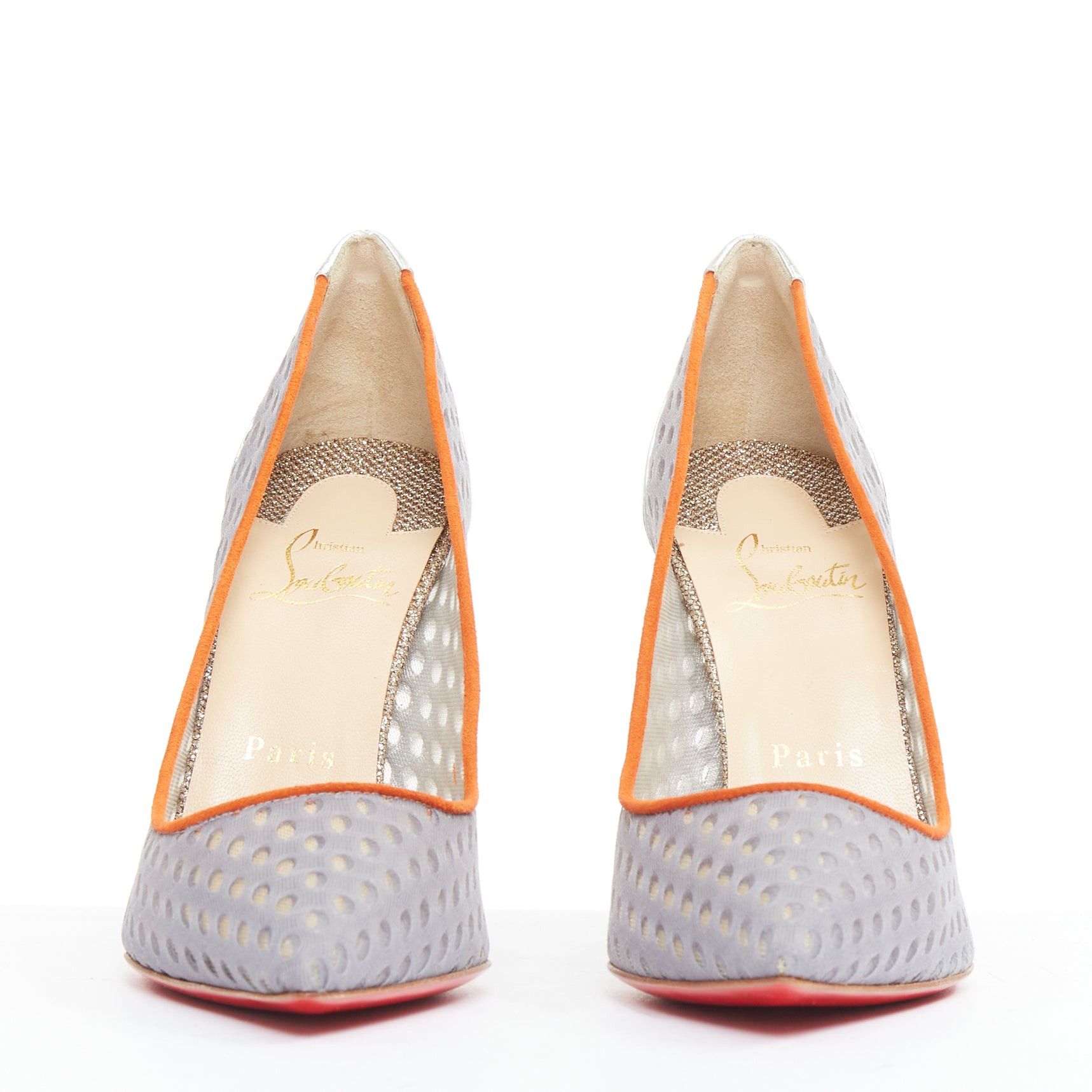 Christian Louboutin CHRISTIAN LOUBOUTIN Follies Resille 100 Tis Alveo Pierre grey mesh silver pump EU37.5 Size US 7.5 / IT 37.5 - 3 Thumbnail
