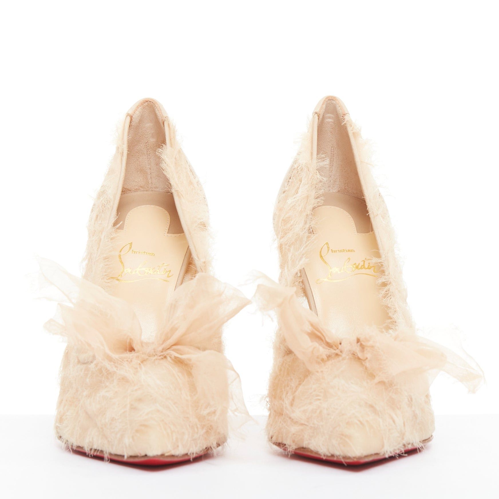 Christian Louboutin CHRISTIAN LOUBOUTIN Toufrou 100 Bridal nude frayed organza bow leather pumps EU37 Size US 7 / IT 37 - 3 Thumbnail