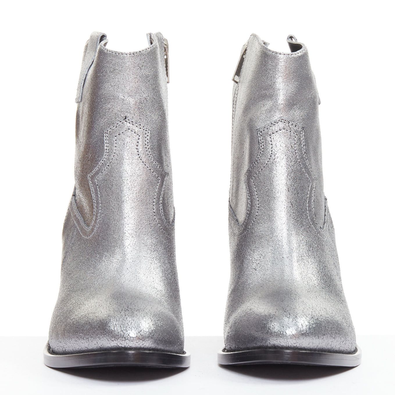 Saint Laurent Paris SAINT LAURENT metallic silver blue shift leather western cowboy ankle boots EU37.5 Size US 7.5 / IT 37.5 - 3 Thumbnail
