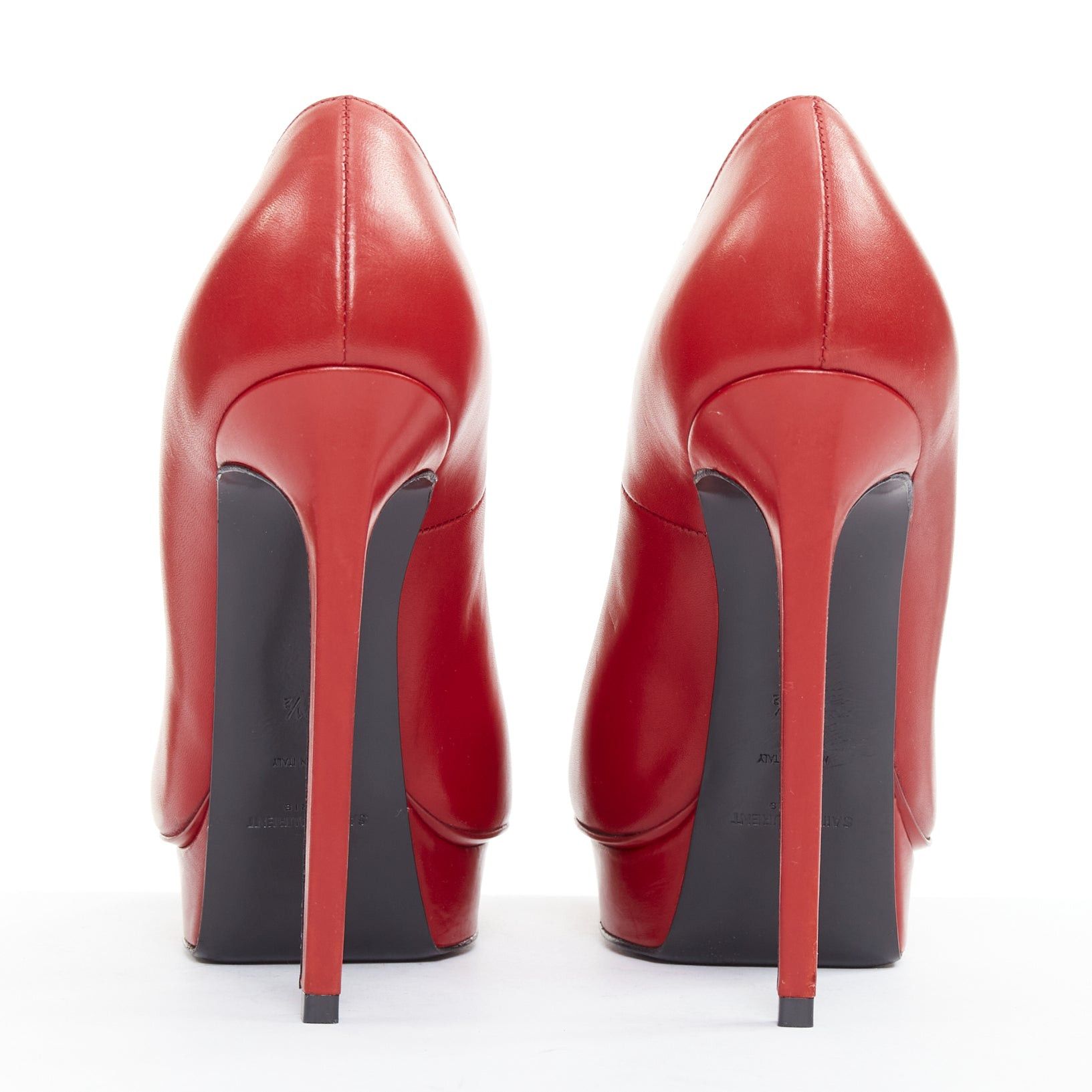 Saint Laurent Paris SAINT LAURENT Janis Rouge Oriente red calf leather studded heel platform pumps EU37.5 Size US 7.5 / IT 37.5 - 5 Thumbnail
