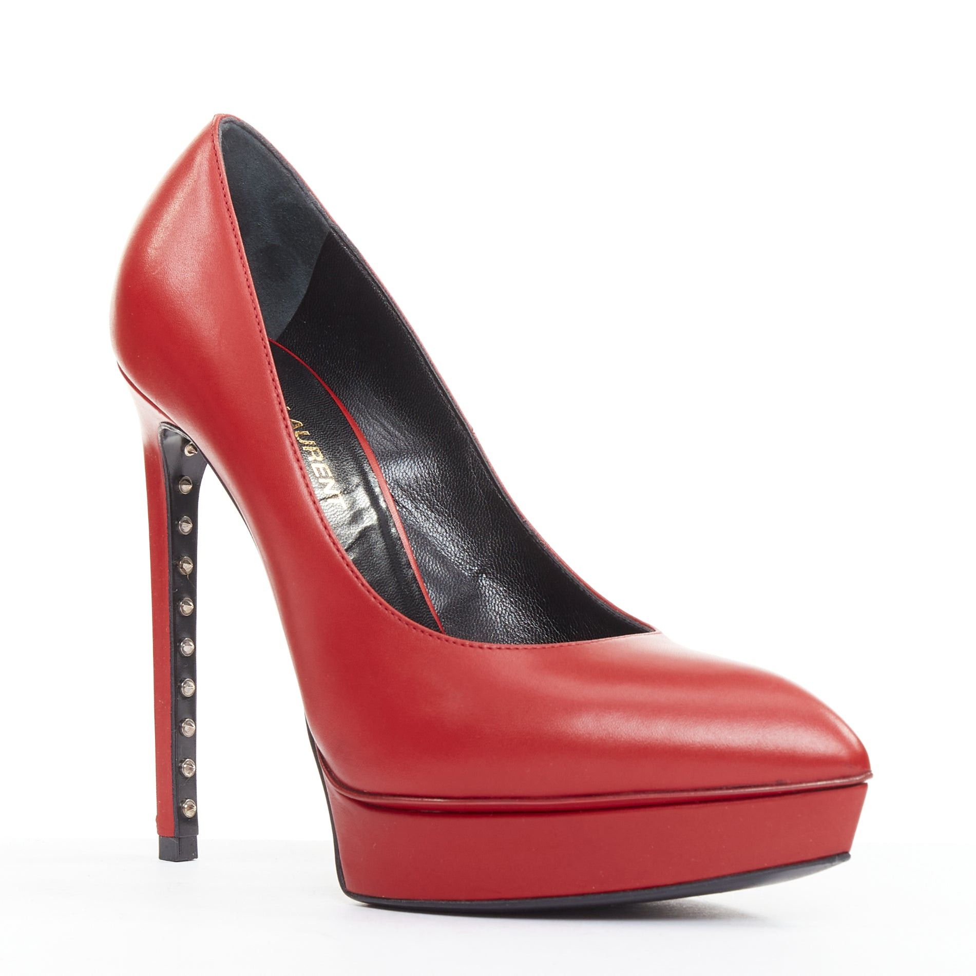 Saint Laurent Paris SAINT LAURENT Janis Rouge Oriente red calf leather studded heel platform pumps EU37.5 Size US 7.5 / IT 37.5 - 2 Thumbnail