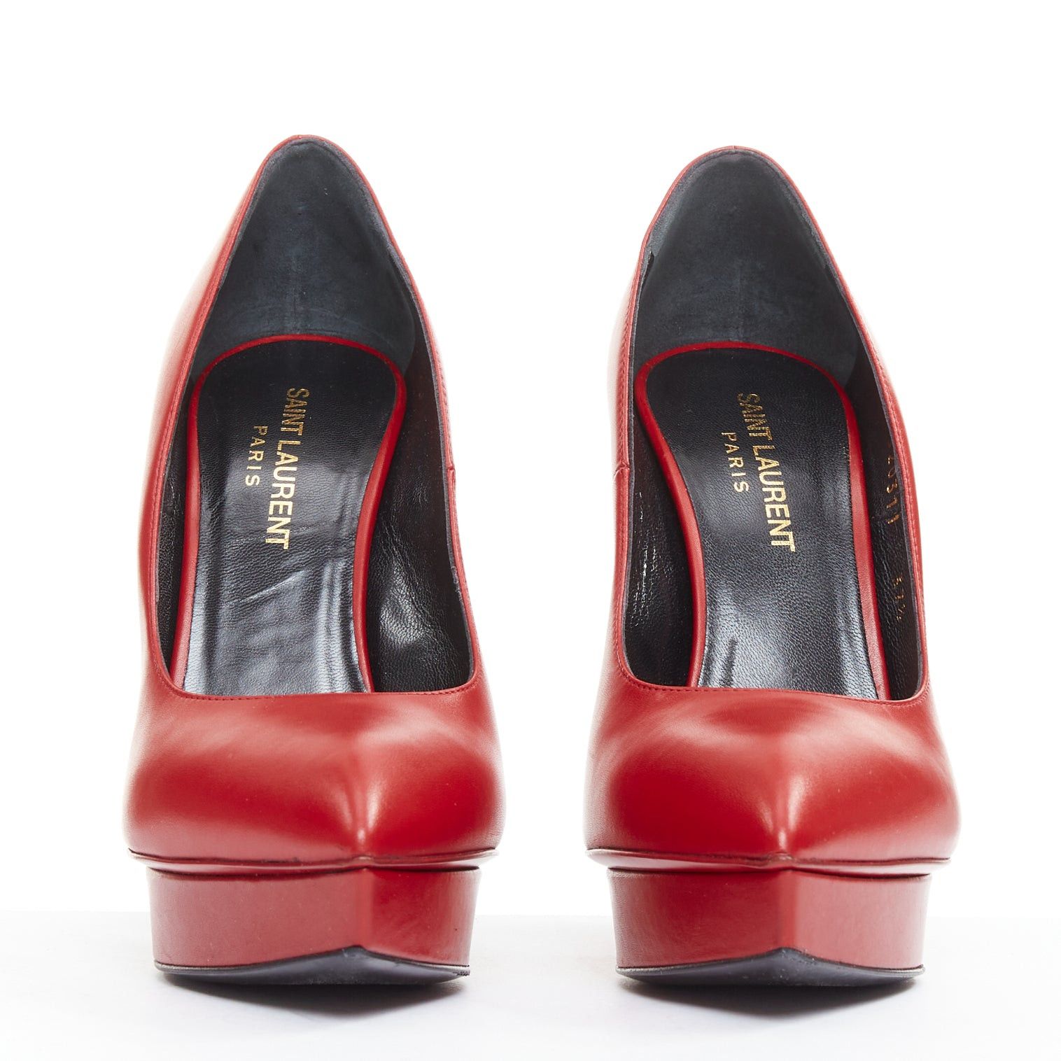 Saint Laurent Paris SAINT LAURENT Janis Rouge Oriente red calf leather studded heel platform pumps EU37.5 Size US 7.5 / IT 37.5 - 3 Thumbnail