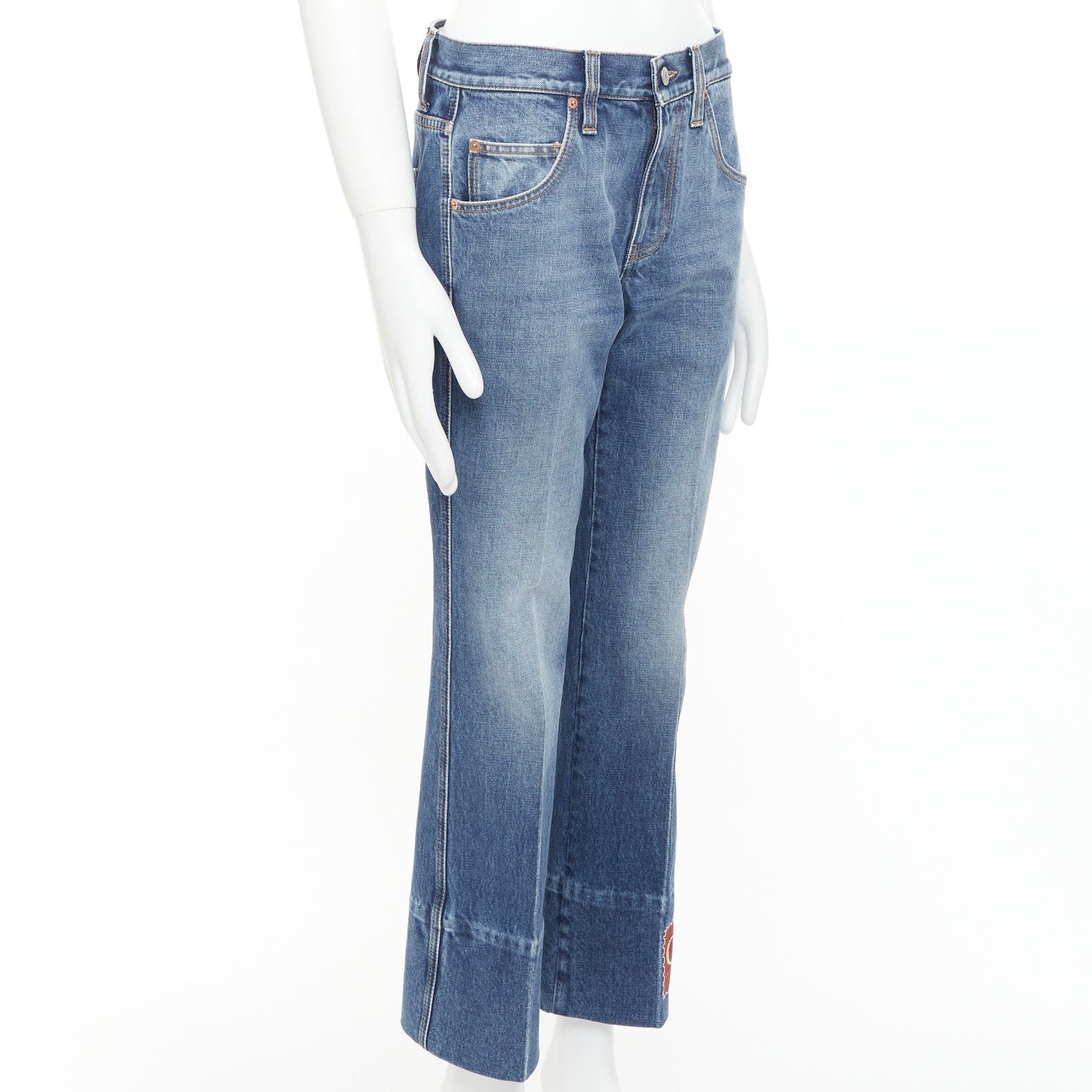 Gucci GUCCI Alessandro Michele blue washed cotton red logo patch flared jeans 28" Size US 28 / EU 44 - 3 Thumbnail