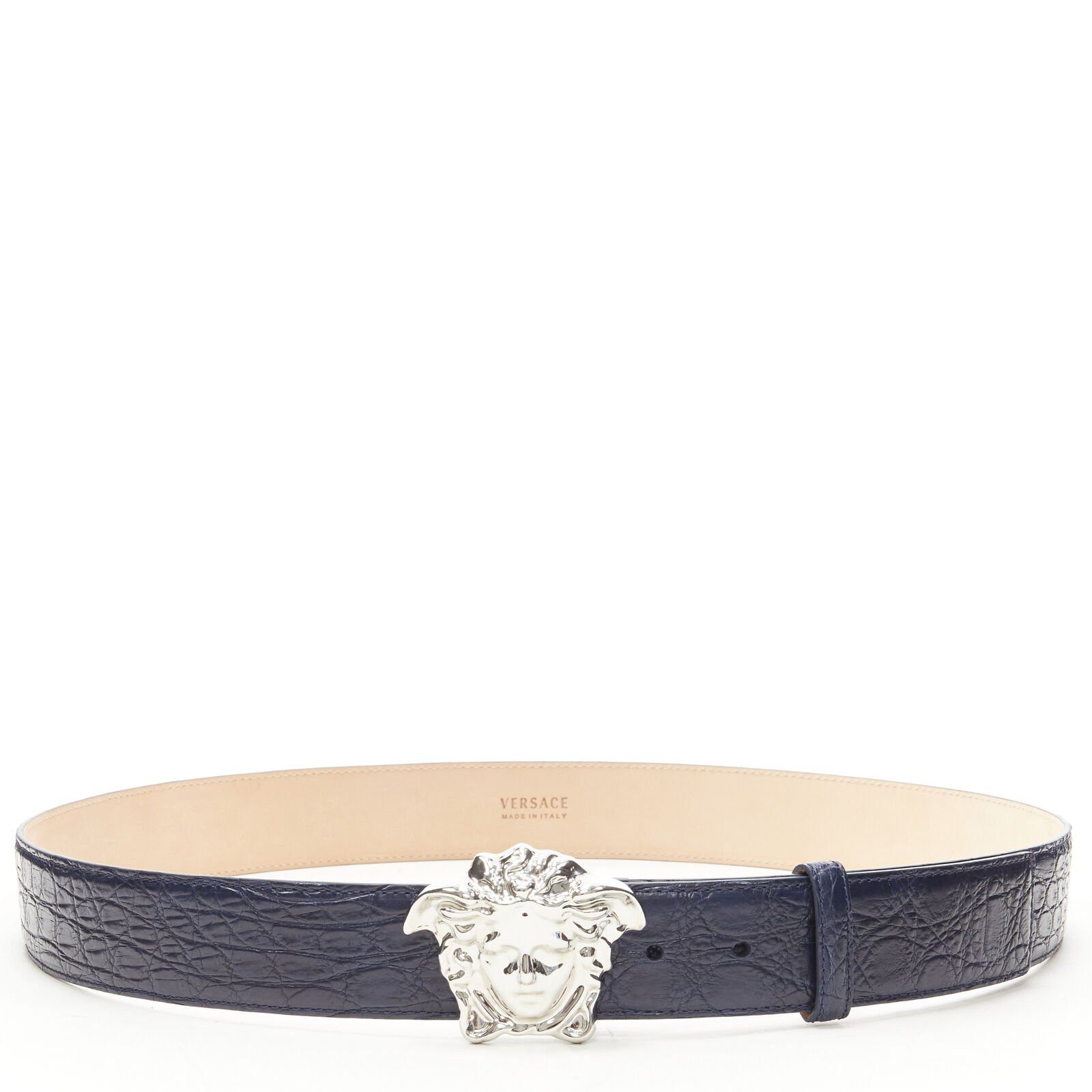 Versace VERSACE $1200 La Medusa silver buckle blue scaled leather belt 105cm 40-44" Size 40 - 2 Thumbnail